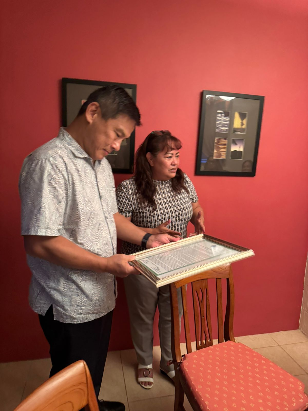 Sen. Celina Babauta presents a framed copy of Senate Resolution 24-04 to Taipei Economic and Cultural Director General Chia Ping Liu and Deputy Director General Shawn Hugh Yang on Saipan last week.Contributed photo