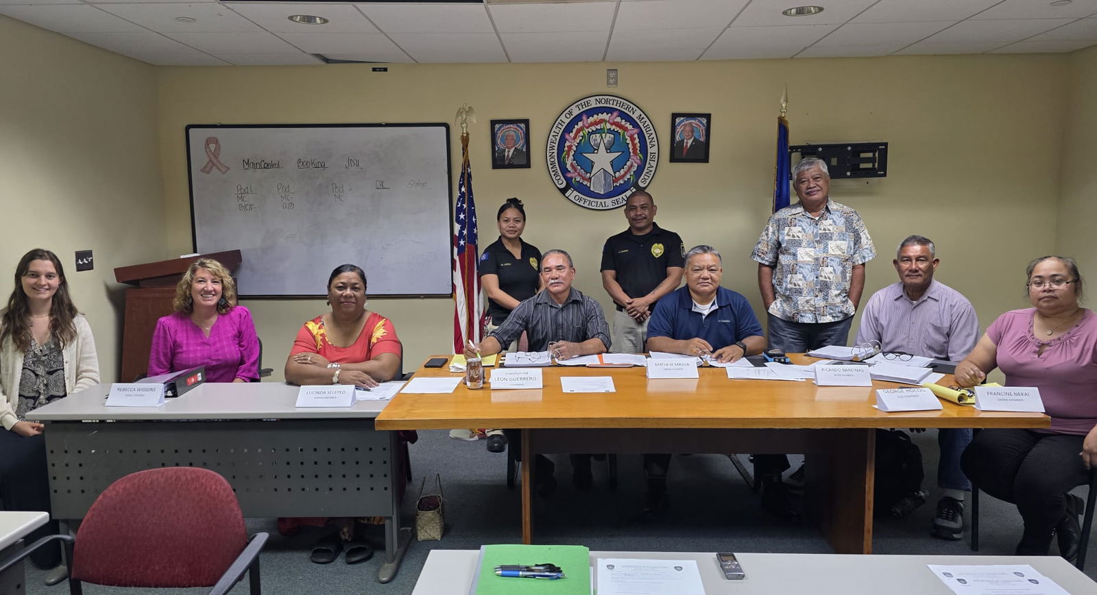 CNMI Parole Board Chairman Chris Leon Guererro, center, with members Francine Nekai, Lucinda Selepeo, George Hocog, Matthew Masga and Ricardo Barcinas. Also in photo are the board’s legal counsel Rebecca Wiggins, parole officers Jason Lizama and Shirlyn Laniyo, and an intern.Photo by Bryan Manabat