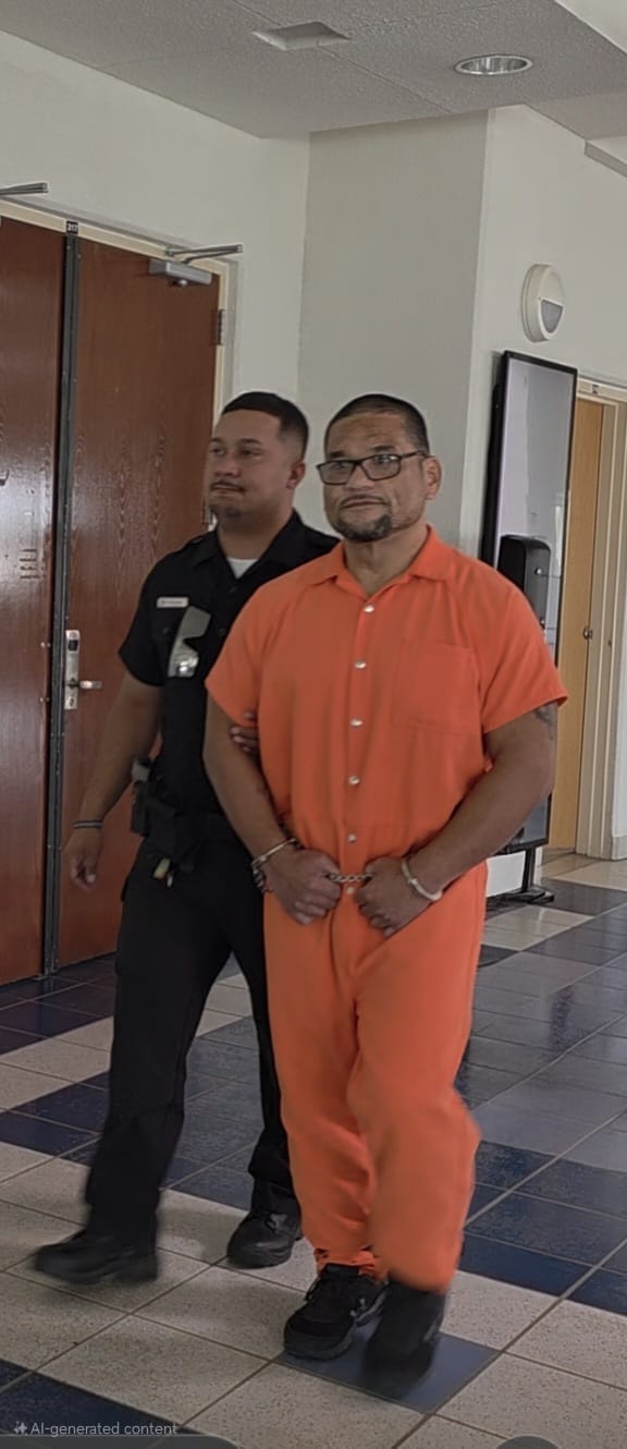 Calvin Tagabuel is escorted by a Corrections officer at the local courthouse for sentencing on Wednesday.Photo by Bryan Manabat