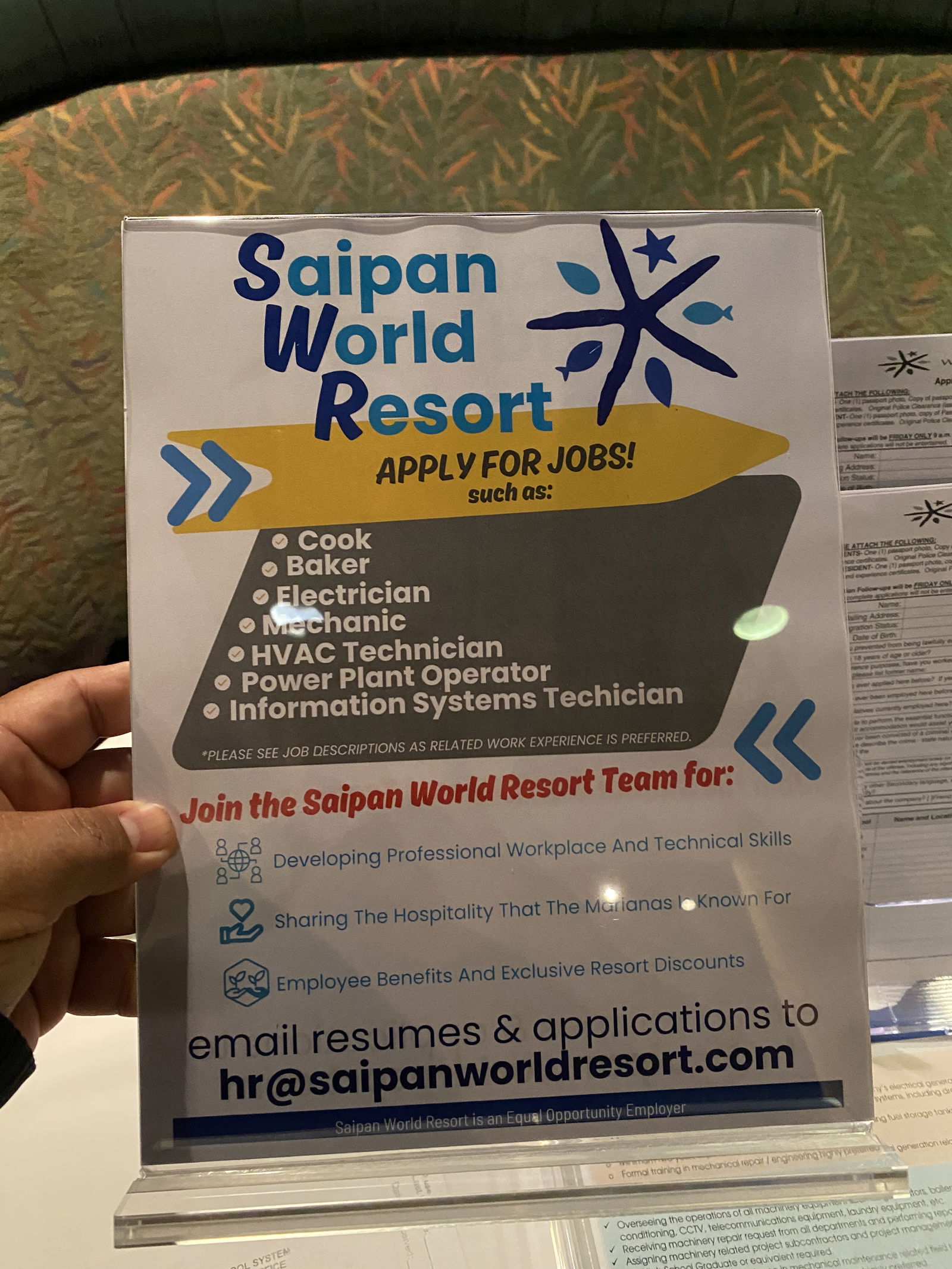 Saipan World Resort has job openings in various trades.