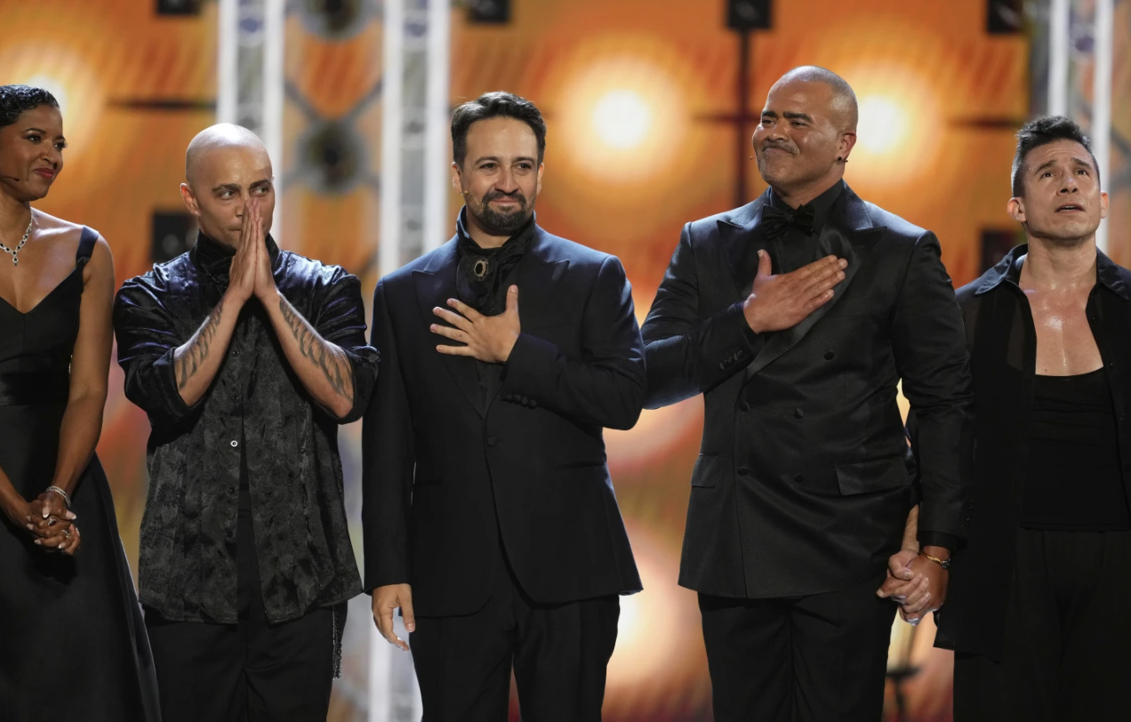 Renee Elise Goldsberry, from left, Lin-Manuel Miranda and Christopher Jackson perform a medley from “Hamilton” during the 78th Tony Awards on June 8, 2025 at Radio City Music Hall in New York.AP
