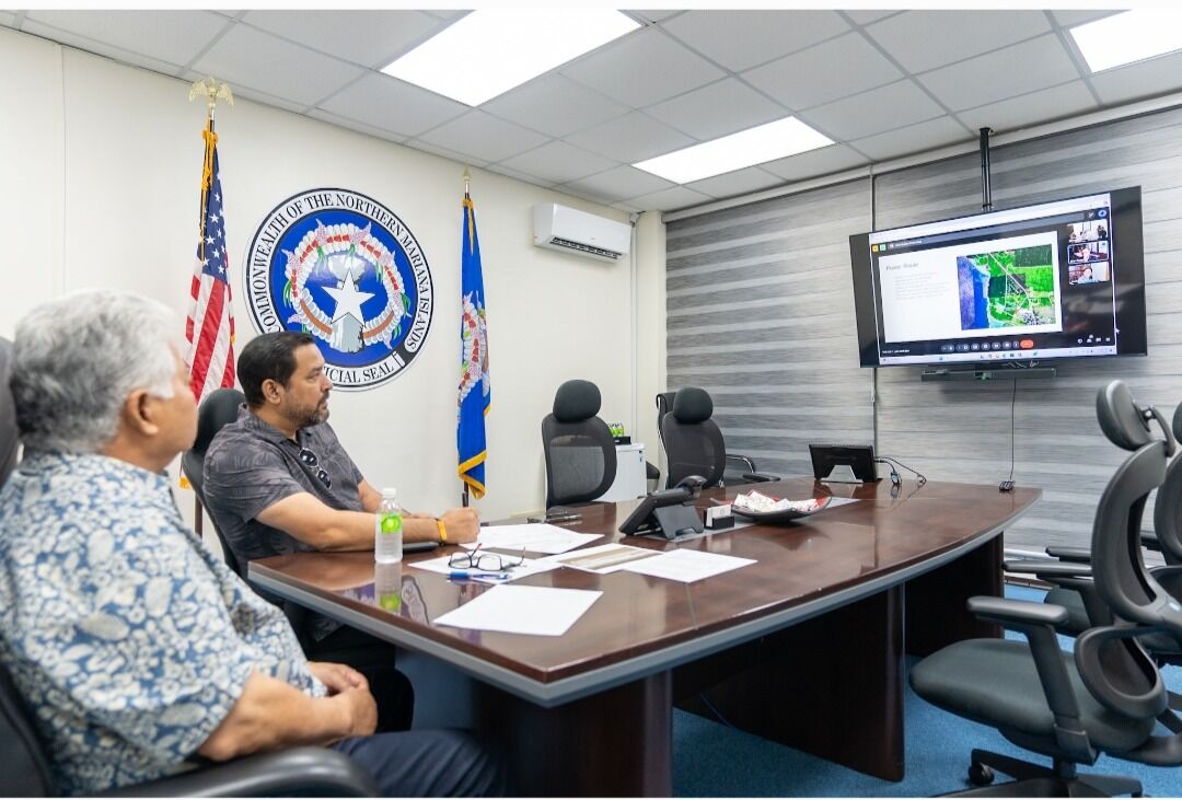 Gov. Arnold Palacios and Glen Hunter, special assistant to the governor, meet via video call with Brian Quigley, vice president of global network infrastructure at Google, for an update on the PCI project.