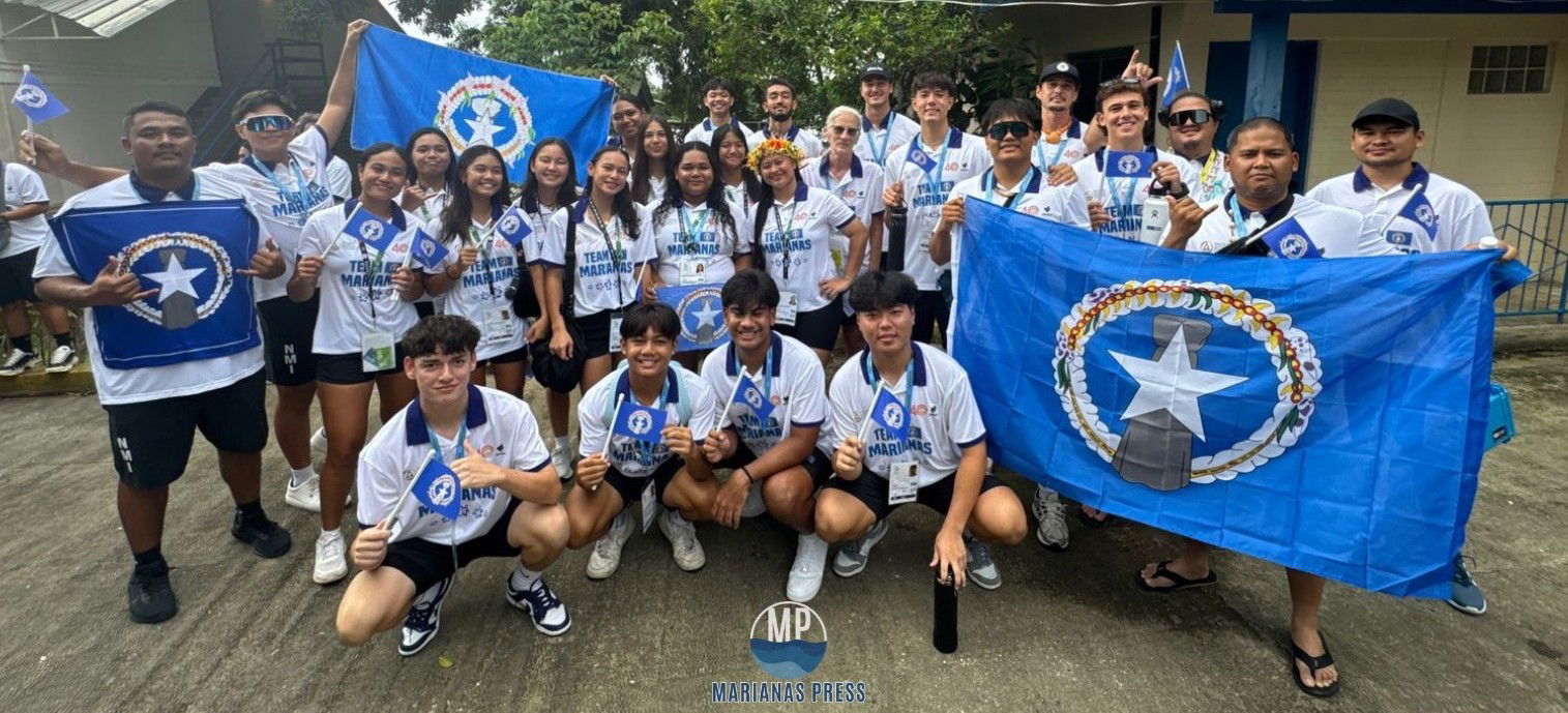 The NMI Men’s and Women’s Indoor Volleyball Teams pose for a photo before attending the opening ceremony for the 2025 Pacific Mini Games in Palau.Marianas Press via NMSA
