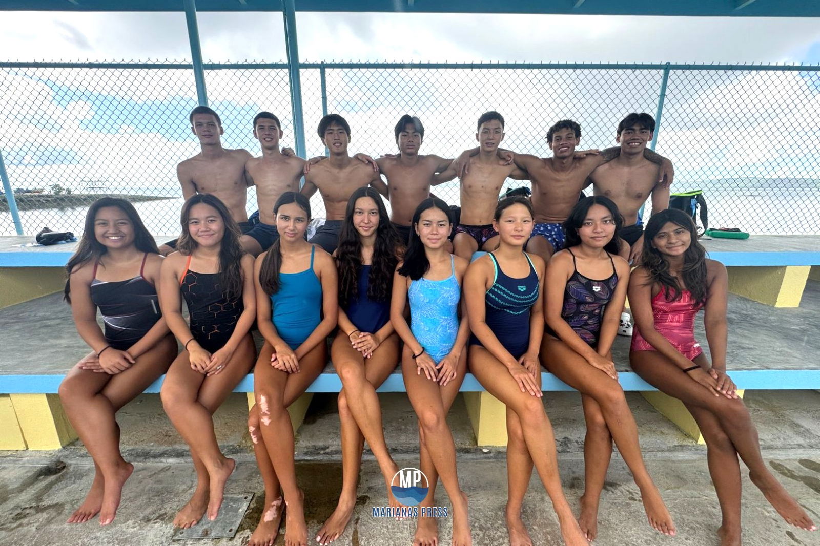 Team Marianas swimmers pose for a photo before plunging into the pool in Palau for their training session for the 2025 Pacific Mini Games last week.Marianas Press via NMSA