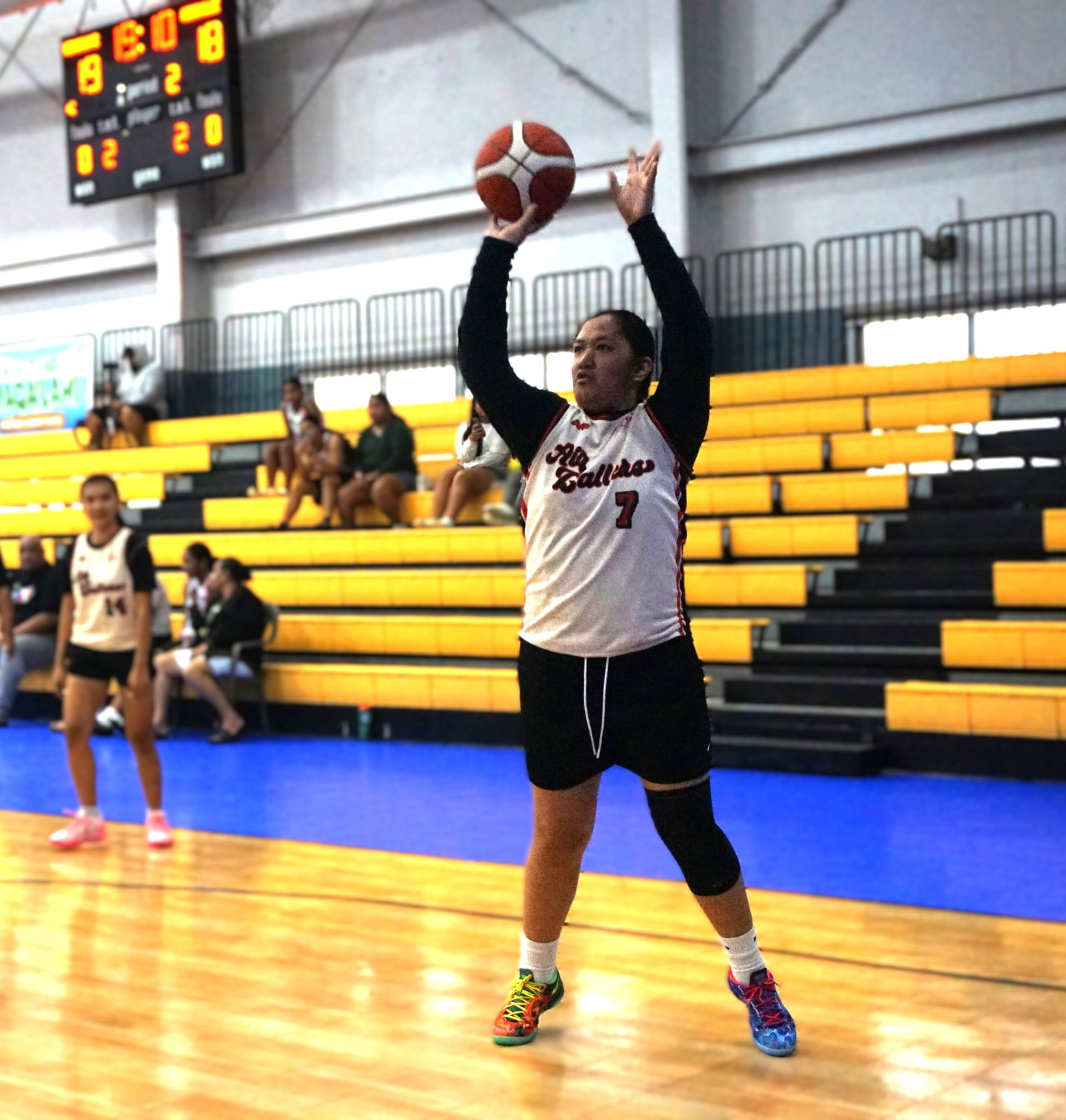 Air Ballers' Madi Alegre takes the open mid-range jumper during a game in the women's division of the 2025 Allied Pacific Environmental Consulting Basketball League at the Ada gym.Photo by James F. Sablan Jr.