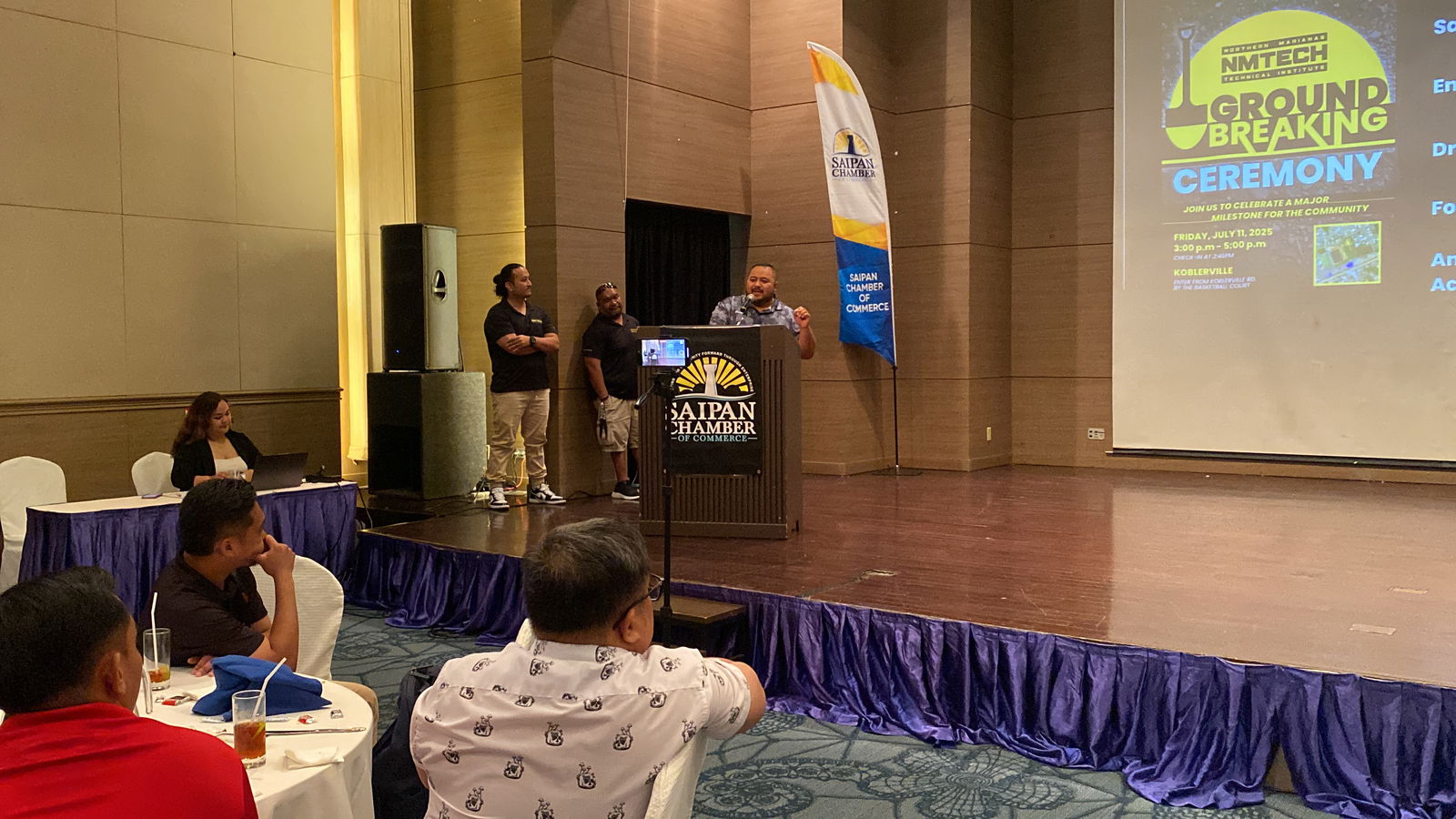 From left Aaron Tomokane, Leo Master, and Ben Babauta on stage present about Northern Marianas Technical Institute during the Saipan Chamber of Commerce’s general membership meeting on Wednesday, July 2. 