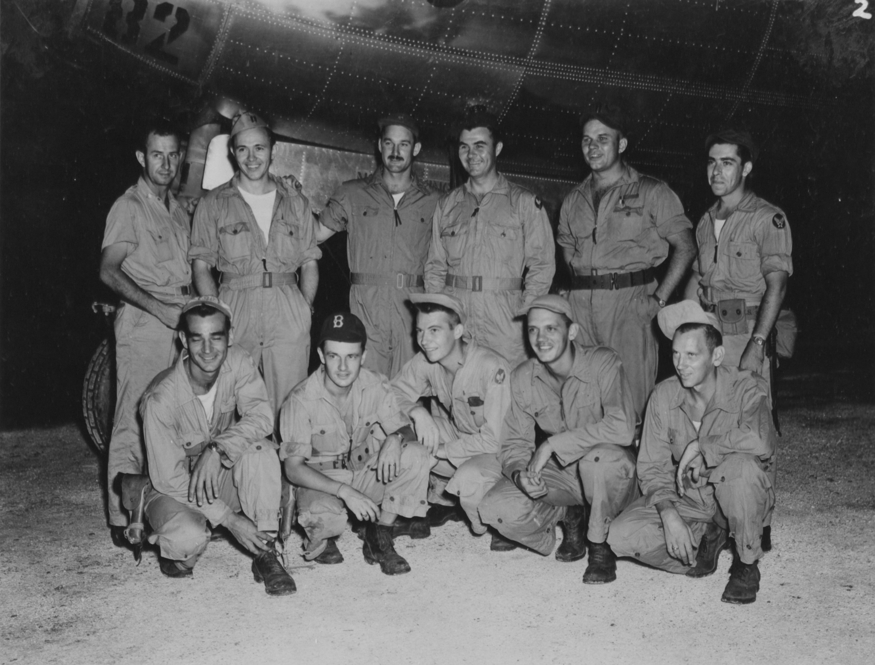 Photo of the crew of the Enola Gay that bombed Hiroshima. From left, standing: Lt. Col. John Porter, ground maintenance officer on B-29 "Enola Gay" which atom bombed Hiroshima, Japan; Capt. Theodore J. “Dutch” Van Kirk, navigator; Maj. Thomas W. Ferebee, bombardier; Col. Paul W. Tibbets, 509th Group CO and pilot; Capt. Robert A. Lewis, co-pilot; and Lt. Jacob Beser, radar countermeasure officer. From left, front row: Sgt. Joseph S. Stiborik, radar operator; S/Sgt. George R. Caron, tail gunner; Pfc. Richard H. Nelson, radio operator; Sgt. Robert H. Shumard, assistant engineer; and S/Sgt. Wyatt E. Duzenbury, flight engineer.U.S. government photo, public domain, via Wikimedia Commons