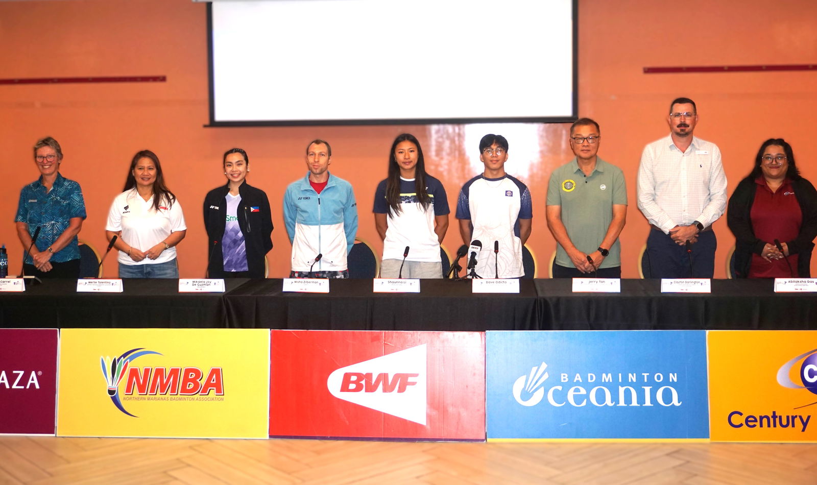 Badminton players and officials pose for a group photo during a press conference in the Azucena Room of Crowne Plaza Resort Saipan on Monday afternoon to discuss the Crowne Plaza Northern Marianas Open 2025 and the Century Insurance Saipan International 2025 tournaments.Photo by James F. Sablan Jr.