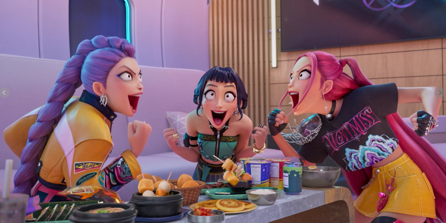 From left, Rumi, Zoey and Mira in a scene from “KPop Demon Hunters.”AP