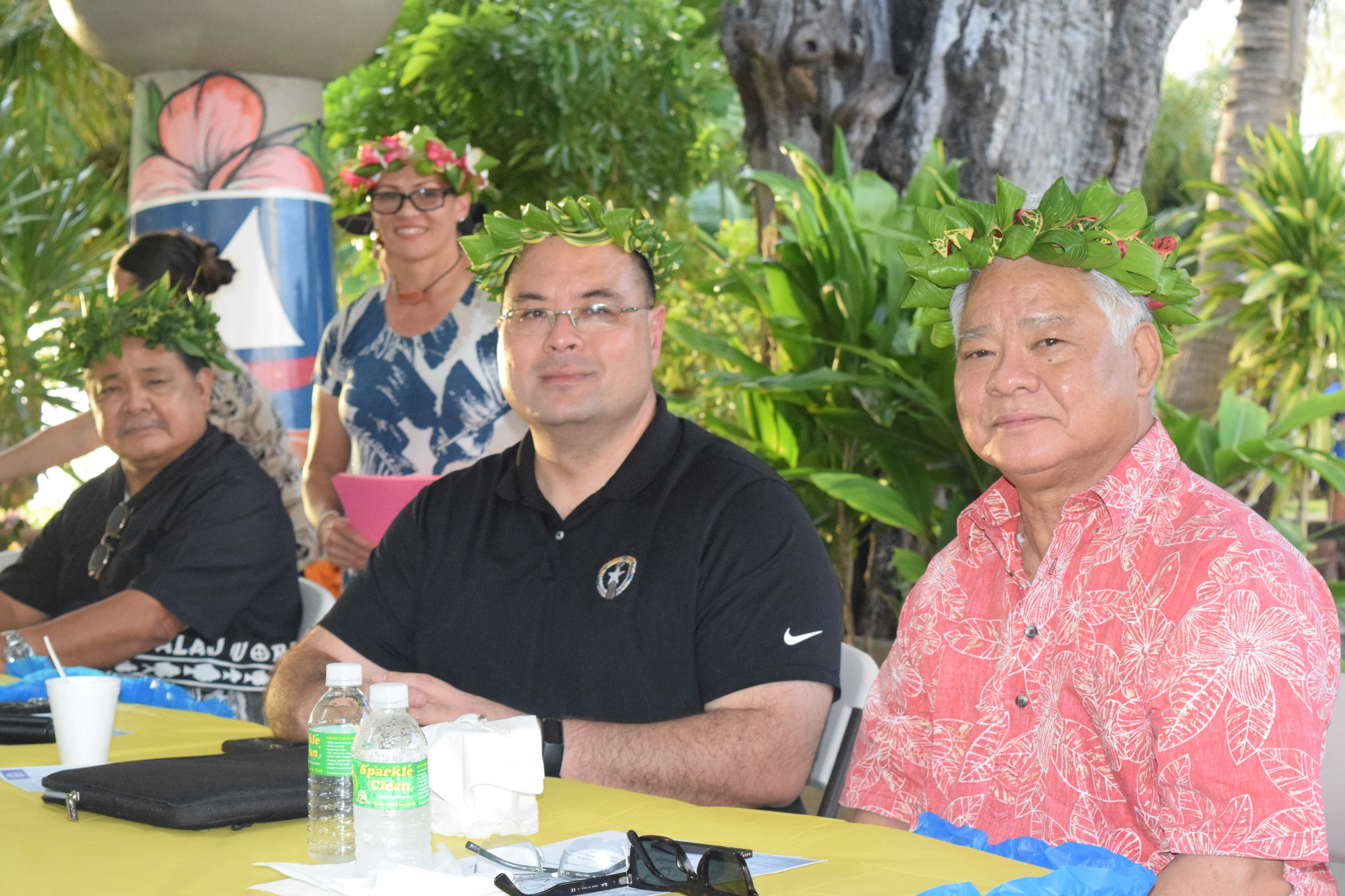Gov. Arnold I. Palacios with Speaker Edmund S. Villagomez and Chief Justice Alexandro Castro during a gathering of Palauan community members two years ago.
