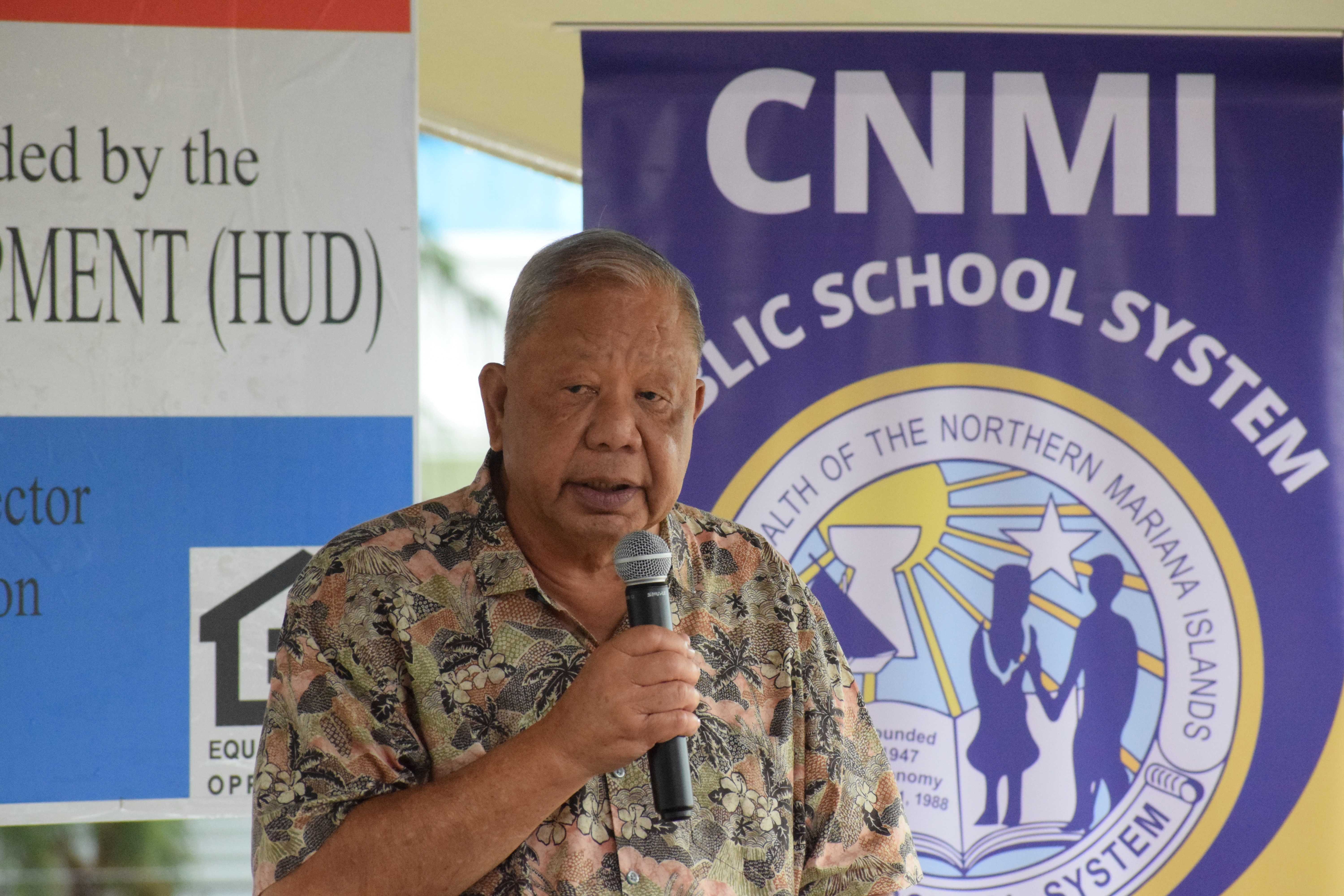 Gov. David M. Apatang delivers his remarks during the groundbreaking ceremony for the future career and technical center at Marianas High School on Tuesday.Photo by Emmanuel T. Erediano