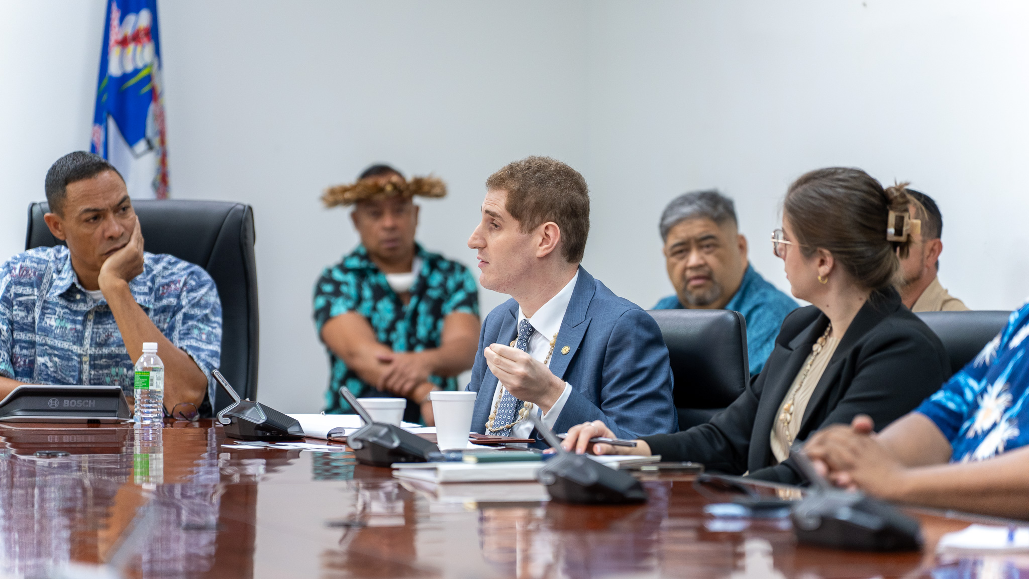 U.S. Department of Transportation Deputy Assistant Secretary for Aviation and International Affairs Jared Smith speaks during a meeting Monday with CNMI officials at the administration building on Capital Hill. Also in photo are Lt. Gov. Dennis James Mendiola, senior policy advisor Clyde Norita, acting Special Assistant for Administration John "Bolis" Gonzales, and USDOT Aviation and International Affairs negotiator Tricia Kurbin.Office of the Governor photo