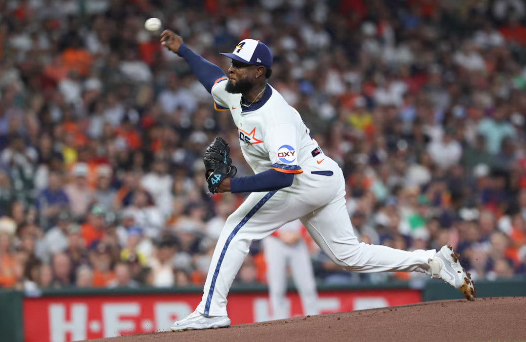 Houston Astros starting pitcher Cristian Javier (53) delivers a pitch during the first inning against the Boston Red Sox at Daikin Park in Houston, Texas, Aug. 11, 2025.Photo by Troy Taormina/Imagn Images