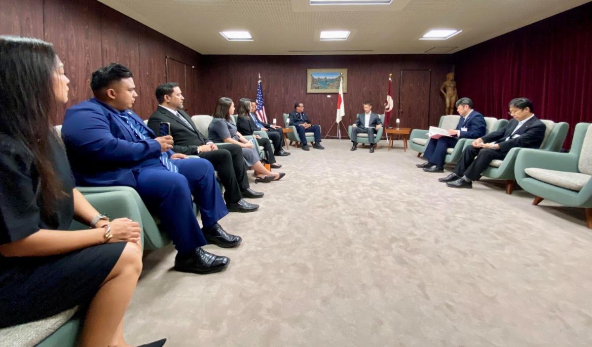 A delegation from The Marianas led by Saipan Mayor Ramon “R.B.” Camacho, center left, pays a courtesy visit to Hiroshima Prefecture Governor Hidehiko Yuzaki and the Hiroshima Prefectural Assembly on Aug. 5, 2025, in Hiroshima, Japan.