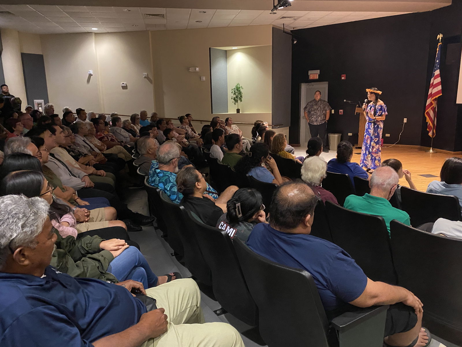 Residents filled American Memorial Park theater to watch the debut of Father Francis Hezel’s new documentary.