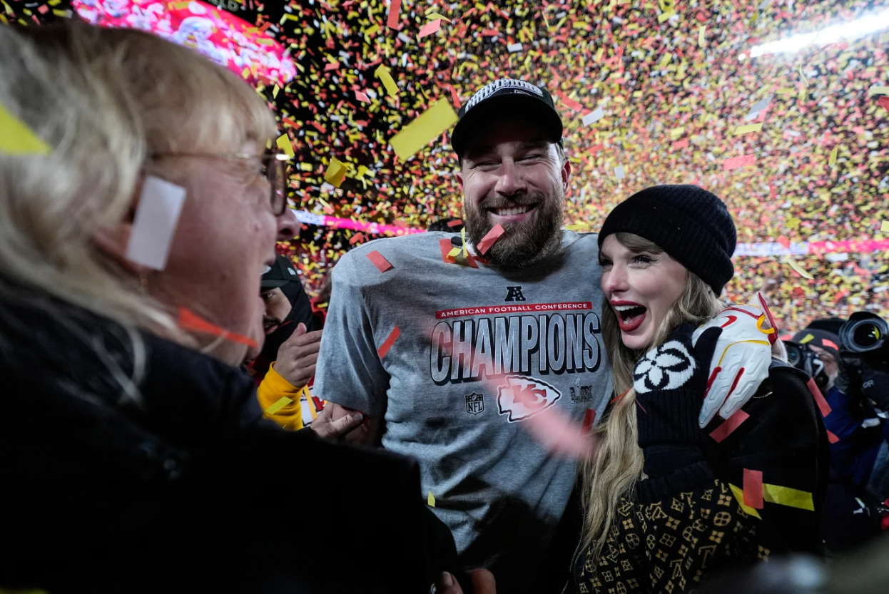 Donna Kelce stands with her son Kansas City Chiefs tight end Travis Kelce and Taylor Swift after the AFC Championship NFL football game against the Buffalo Bills, Jan. 26, 2025, in Kansas City, Mo.AP