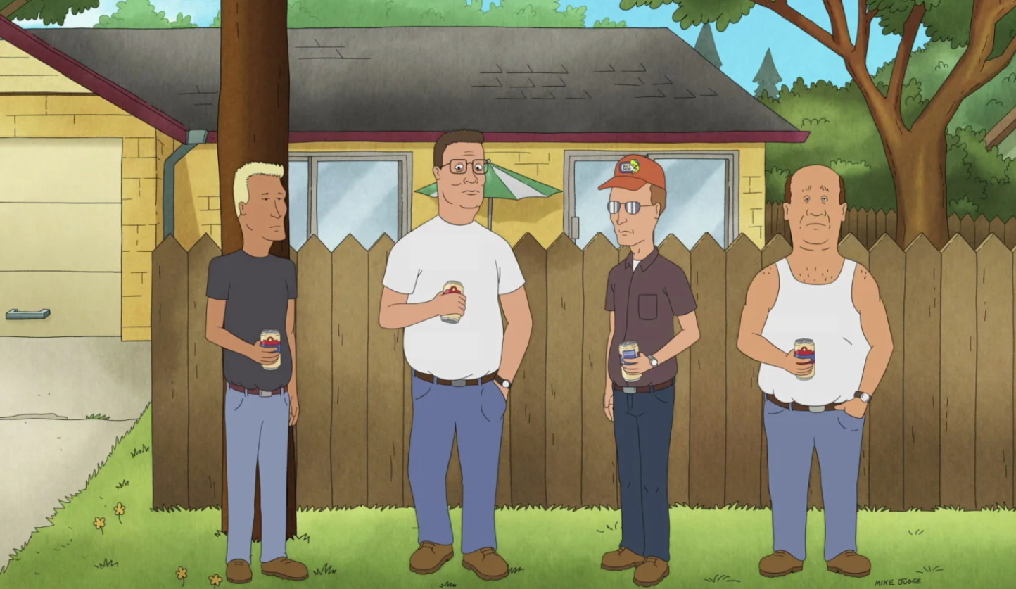 From left, Jeff Boomhauer, Hank Hill, Dale Gribble and Bill Dauterive in a scene from "King of the Hill."Hulu via AP