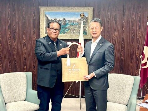 Saipan Mayor Ramon “R.B.” Camacho, left, leads a delegation from The Marianas in paying a courtesy visit to Hiroshima Prefecture Governor Hidehiko Yuzaki on Aug. 5, 2025, in Hiroshima, Japan.