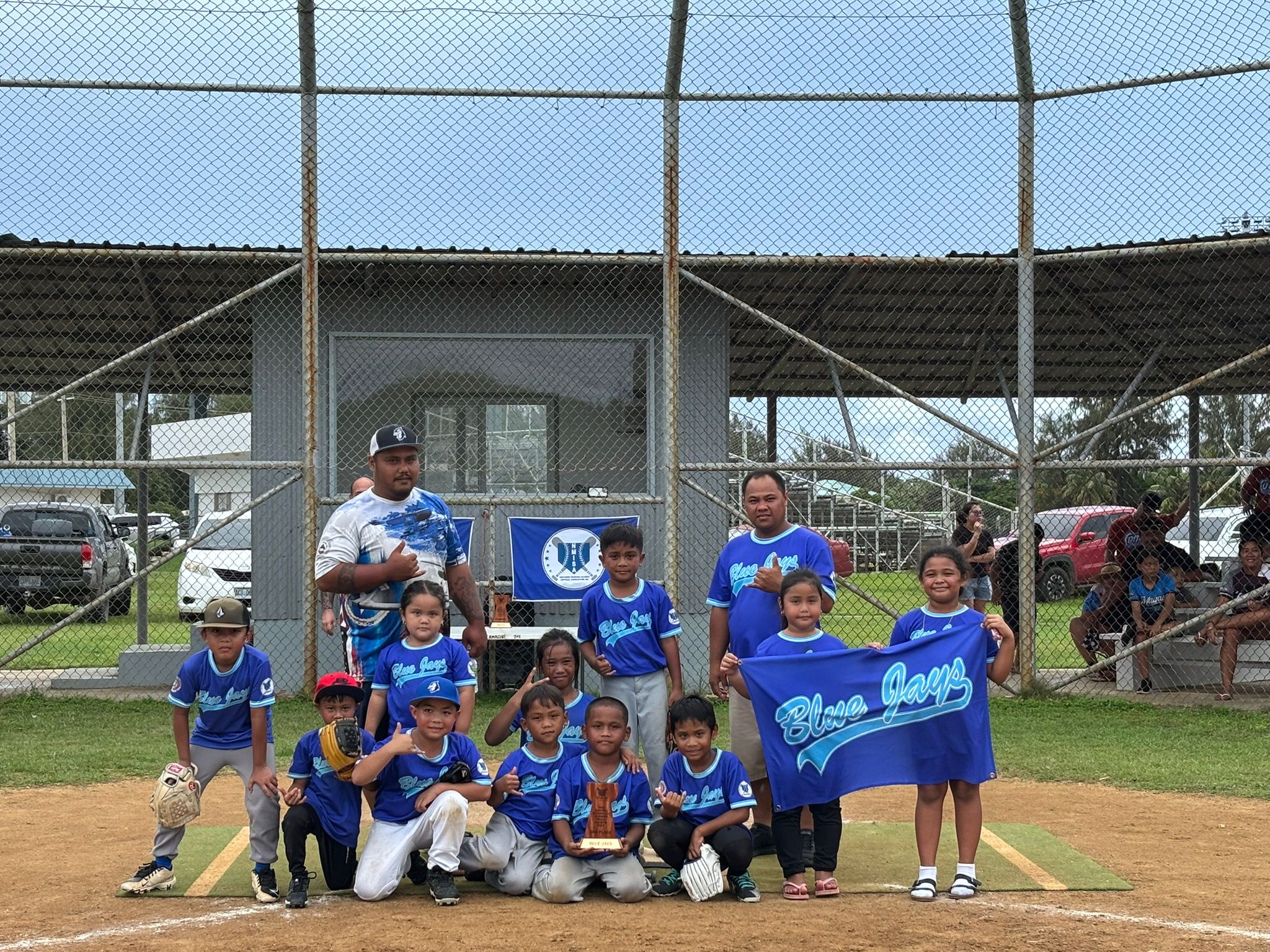 The Blue Jays pose for a group photo with the second-place trophy during the awards ceremony of the NMISA's 2nd Annual Summer T-Ball League 2025 at the Miguel "Tan Ge" Pangelinan Ball Field on Saturday.