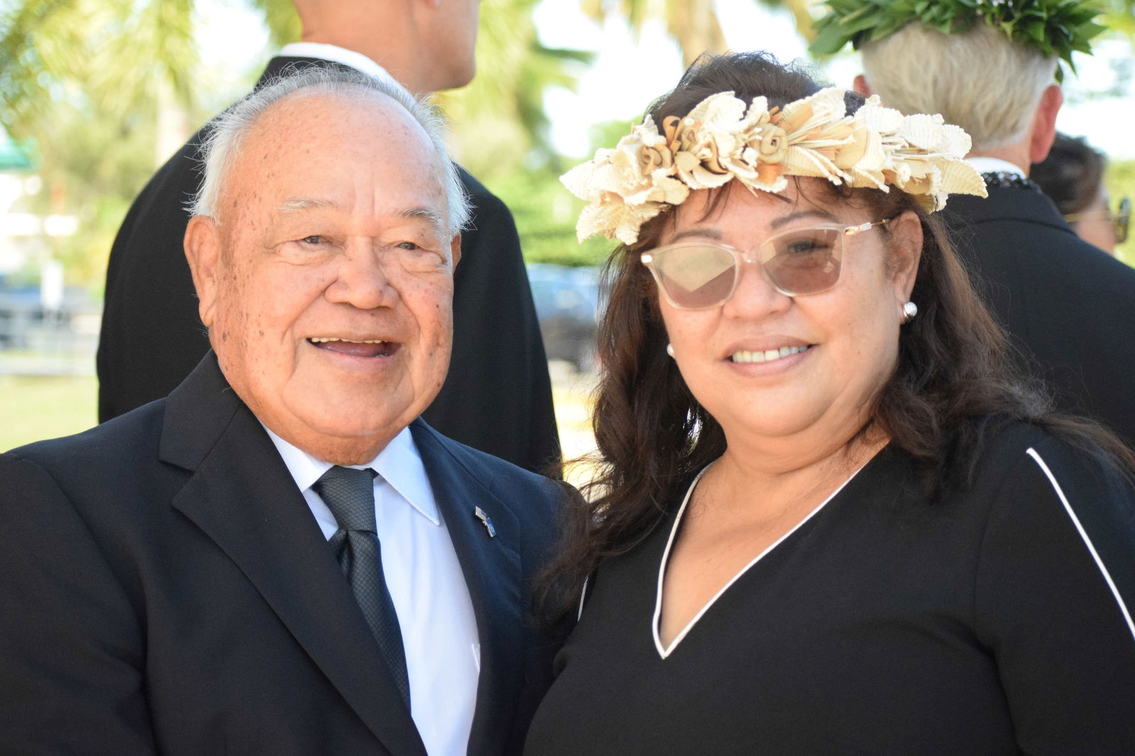 Sen. Celina R. Babauta poses with former Lt. Gov. Pete A. Tenorio following the state funeral for the late Gov. Arnold I. Palacios at the multi-purpose center in Susupe on Saturday.Photo by Emmanuel T. Erediano