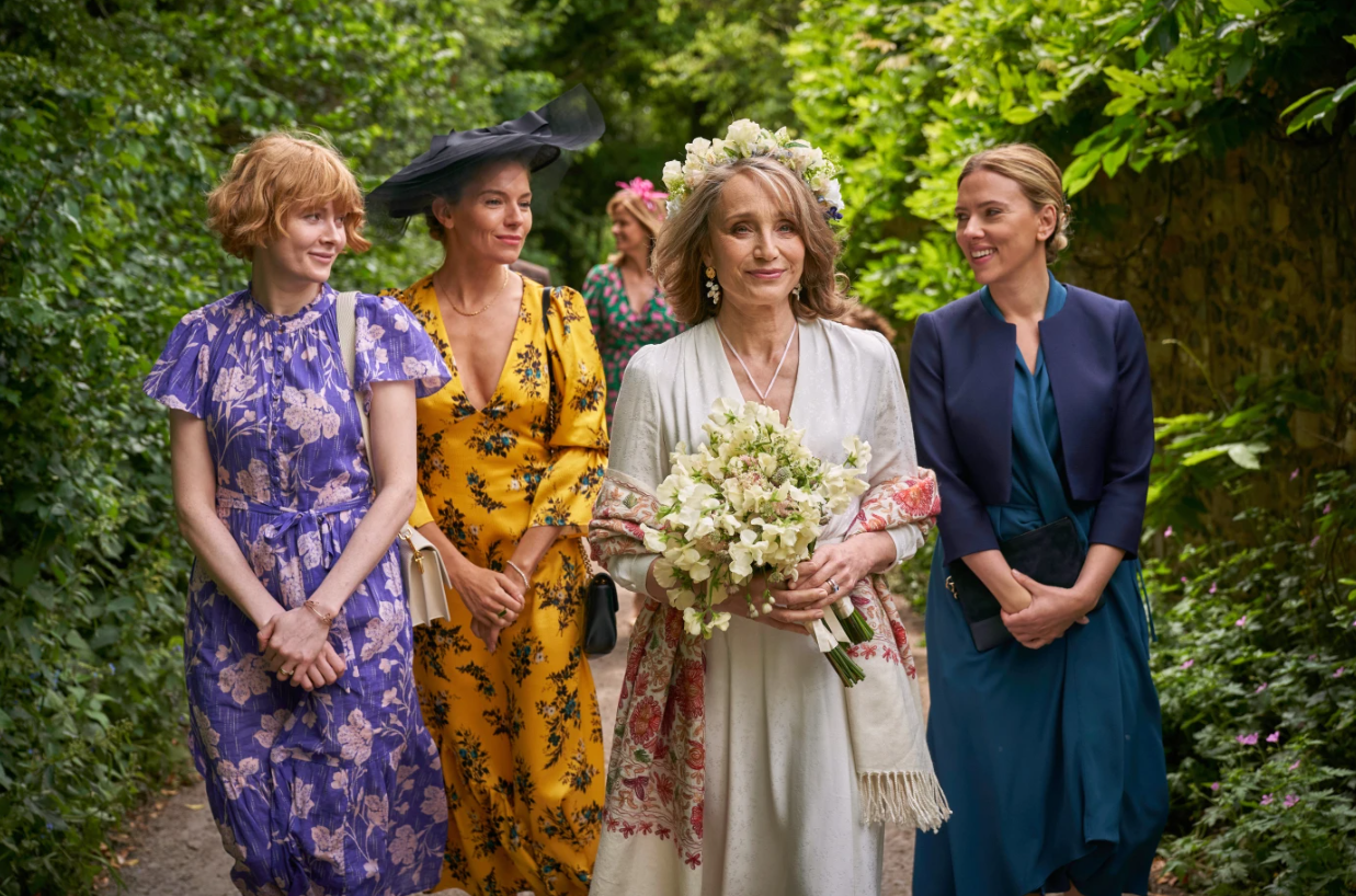 From left, Emily Beecham, Sienna Miller, Kristin Scott Thomas and Scarlett Johansson in a scene from “My Mother’s Wedding.”Vertical Entertainment via AP