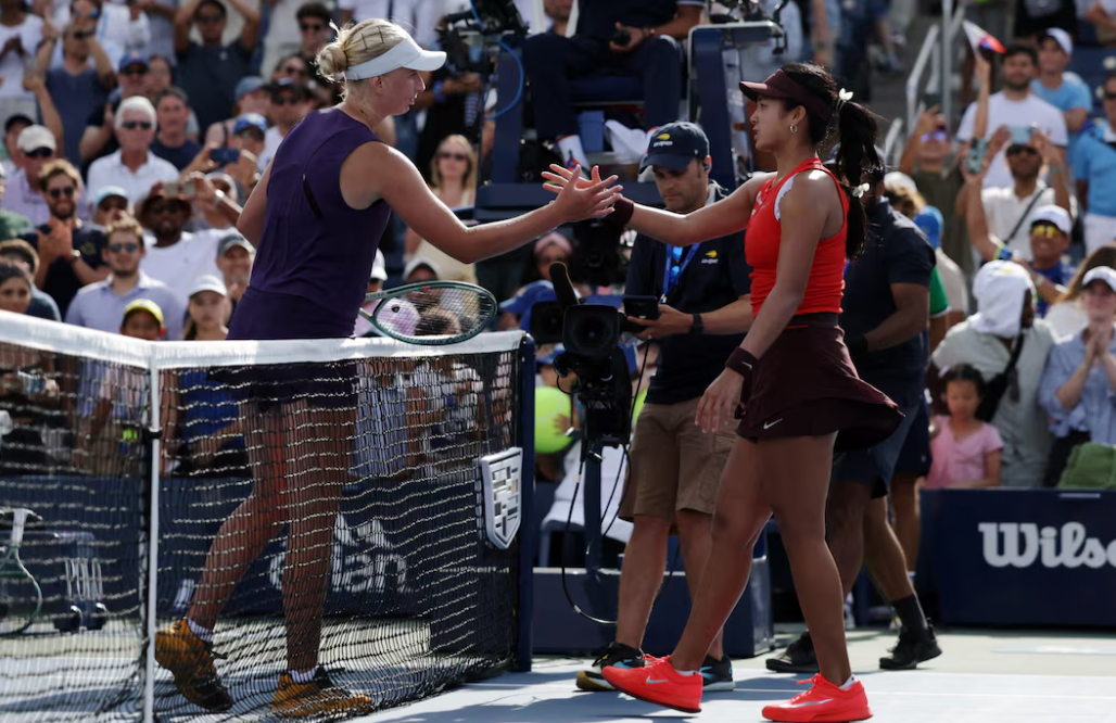 The Philippines’ Alexandra Eala, right, shakes hands with Denmark’s Clara Tauson after their first-round U.S. Open match at Flushing Meadows, New York, Aug. 24, 2025REUTERS