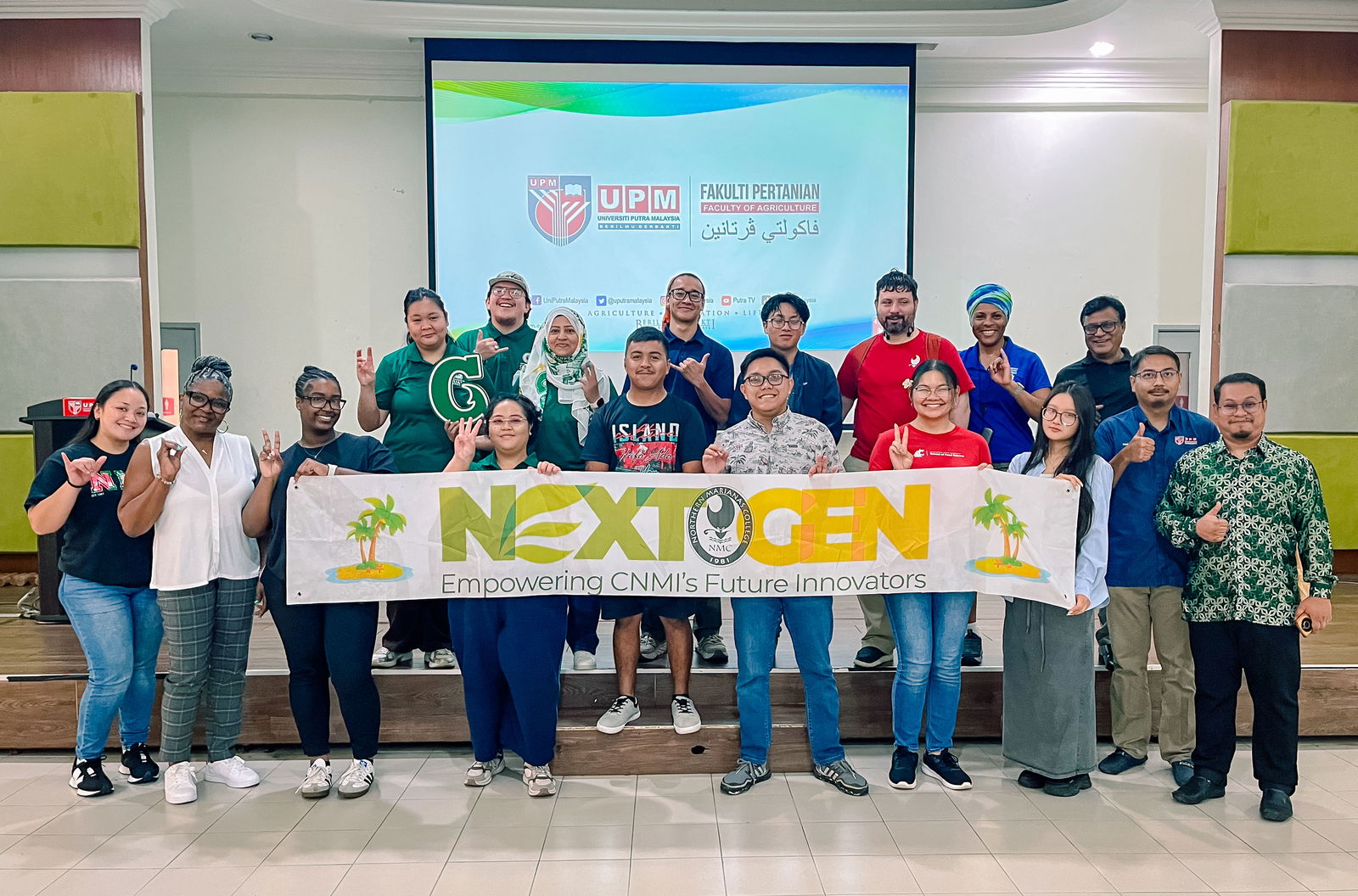 Students and faculty of the Northern Marianas College, University of Guam, and Tennessee State University gather for a group photo at Universiti Putra Malaysia in Pahang, Malaysia. Seven scholars and two faculty from NMC are present.NMC photos