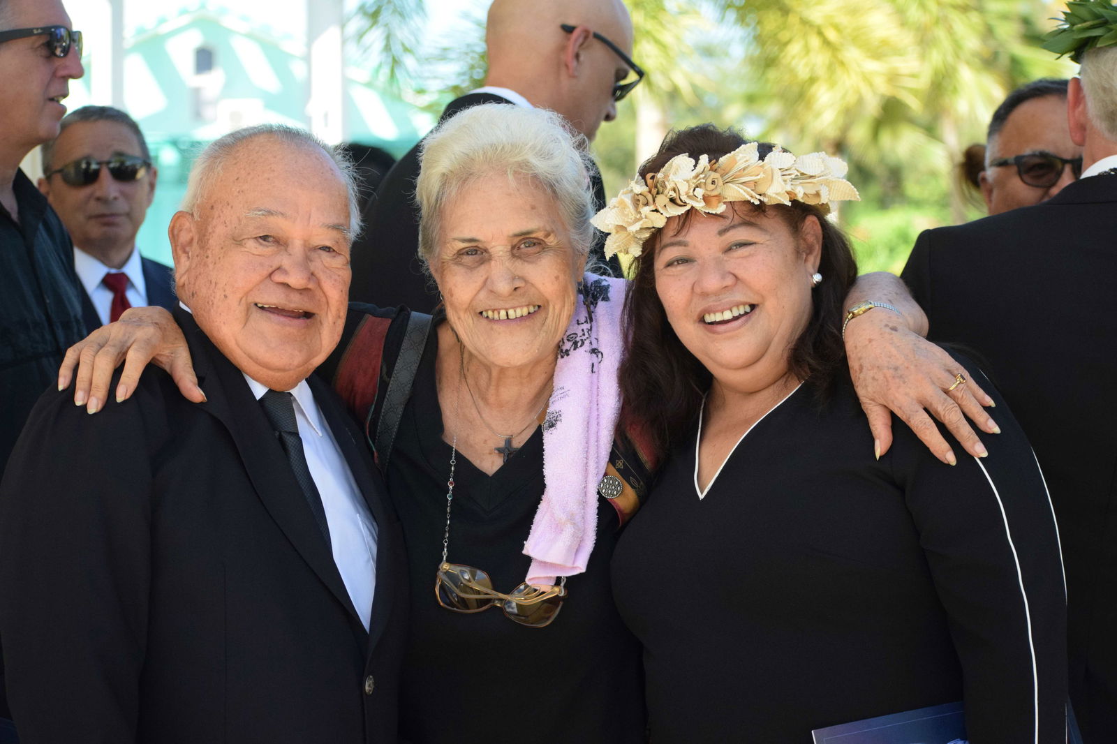 Former Lt. Gov. Pete A. Tenorio, left, poses with Sen. Celina Babauta, right, and Gloria Hunter, former special assistant for programs and legislative review, after the state funeral for the late Gov. Arnold I. Palacios at the multi-purpose center on Saturday.Photo by Emmanuel T. Erediano