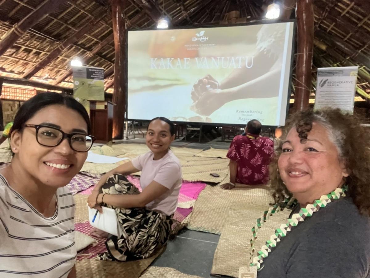 From left, Marianas Visitors Authority Product Development Manager Raquel Aguon, Marianas entrepreneur and regenerative agroforestry practitioner Dana Calvo, and, Northern Mariana Islands legislative staffer and aspiring regenerative tourism practitioner Zania Fleming learn about regenerative policies and practices at the Regenerative Tourism Policy Roundtable hosted by non-profit Regenerative Vanua on July 16-19, 2025, in Port Vila, Vanuatu. The Marianas was represented at the event through the Northern Marianas College Green Growth Initiative.MVA photo