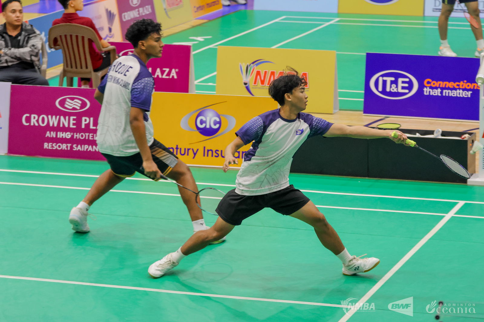 NMI's Minul Hoque and Nolan Nate keep the possession alive during their match against Japan’s Yudai Nagafuchi and Kota Ogawa in the men's doubles event of the Crowne Plaza Northern Marianas Open 2025 at the Ada gym on Wednesday.Northern Marianas Badminton Association photo