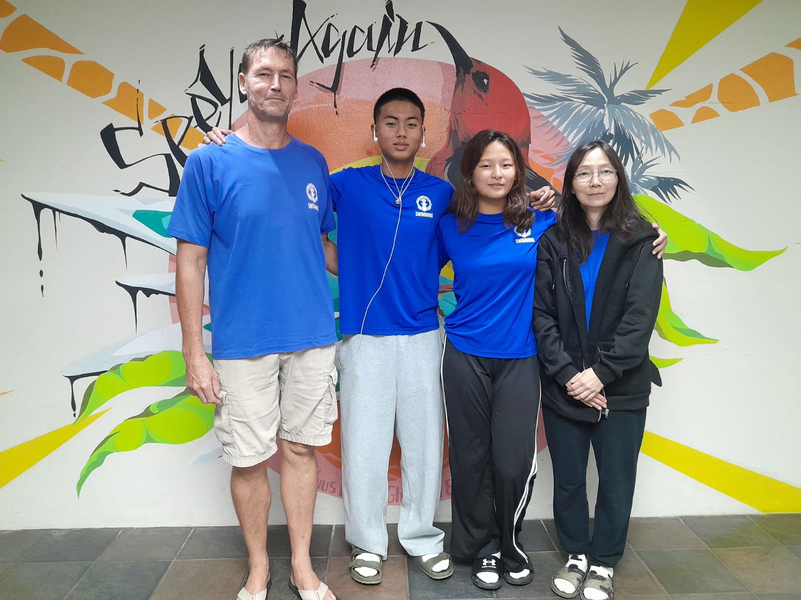 Coach Richard Sikkel, Justin Ma, Maria Guerrero, and Kyoko Yamaguchi pose for a group photo before departing to Otopeni, Romania, to compete in the 2025 World Aquatics Junior Swimming Championships.Contributed photo