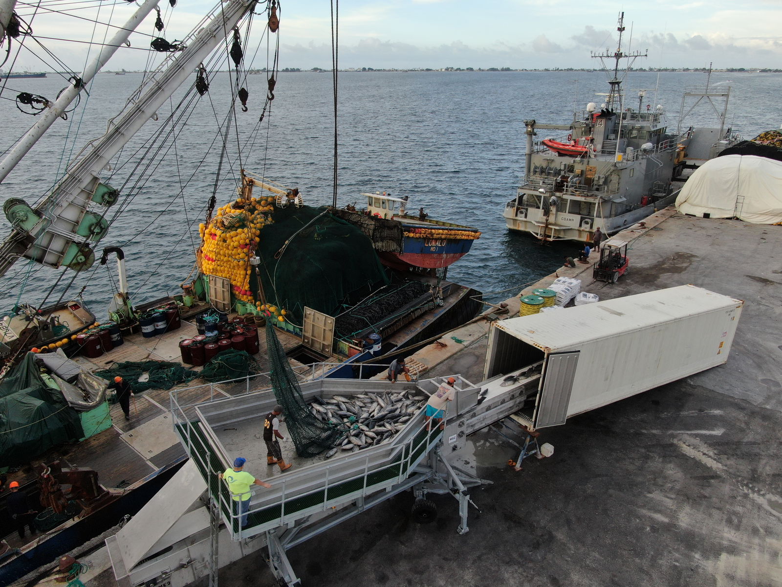 The recent purchase of a tuna "star loader," with the support of the FAO FISH4ACP project, has been a game-changer for improving the speed and handling of tuna unloaded from purse seiners into freezer containers for later export to canneries.Photo by Jojo Kramer