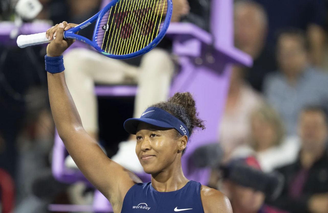 Naomi Osaka of Japan celebrates her win over Elina Svitolina of Ukraine after their quarterfinal match at the National Bank Open tennis tournament in Montreal, Tuesday, Aug. 5, 2025.AP