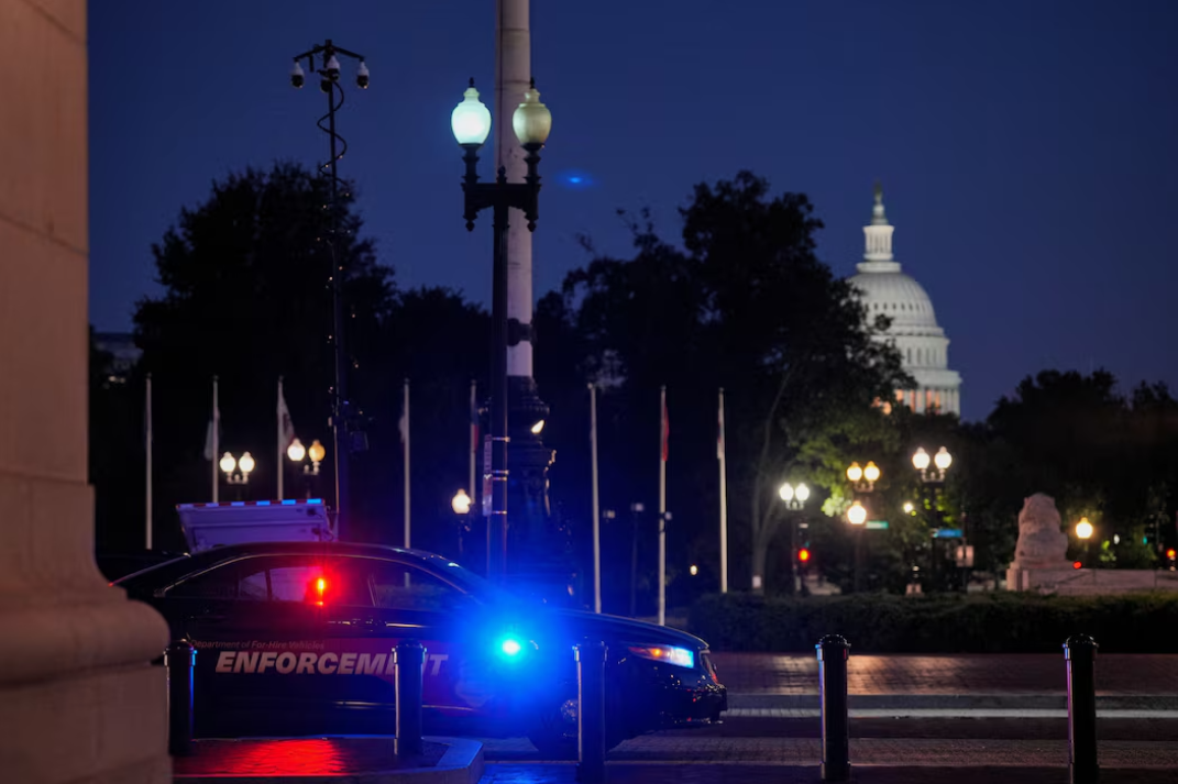 A law enforcement vehicle stands in front of Union Station near the U.S. Capitol in Washington, D.C., Aug. 11, 2025.REUTERS