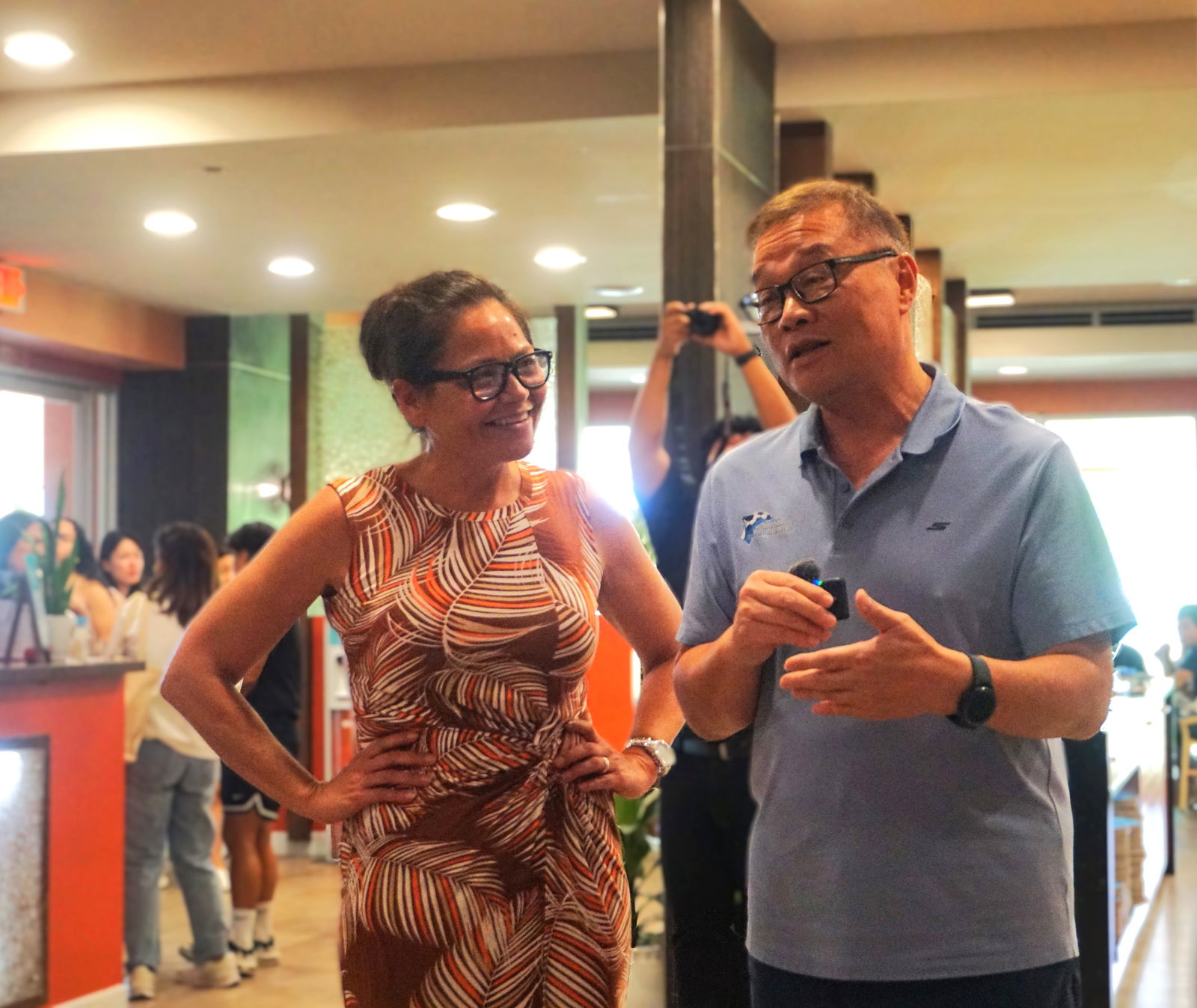 U.S. Congresswoman Kimberlyn King-Hinds smiles as NMI Football Association President Jerry Tan speaks during an appreciation lunch for the NMI U20 Women’s National Team at the Crowne Plaza Resort Saipan on Friday.Photo by James F. Sablan Jr.
