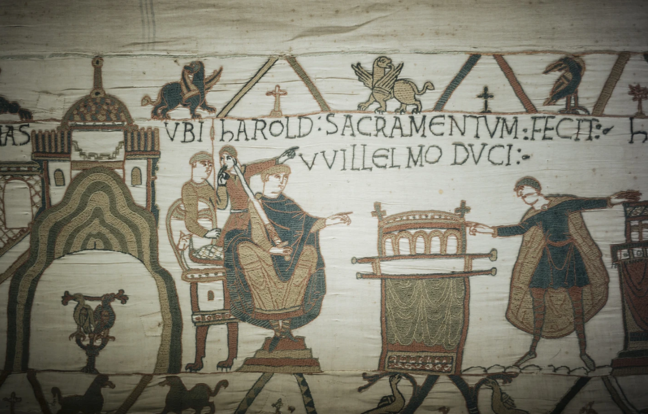 This photo taken in Bayeux, Normandy, France on Sept. 18, 2019 shows a detail of the 11th century Bayeux tapestry chronicling the Norman conquest of England.AP
