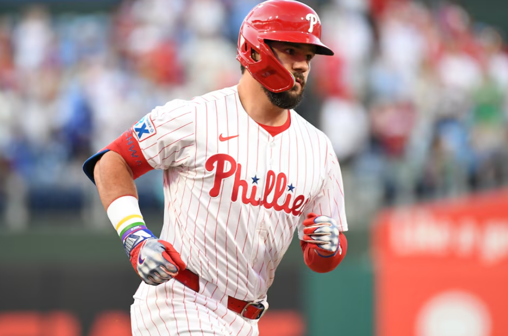 Philadelphia Phillies outfielder Kyle Schwarber (12) runs the bases after hitting a home run during the first inning against the Seattle Mariners at Citizens Bank Park in Philadelphia, Pennsylvania, Aug. 19, 2025.Photo by Eric Hartline/Imagn Images