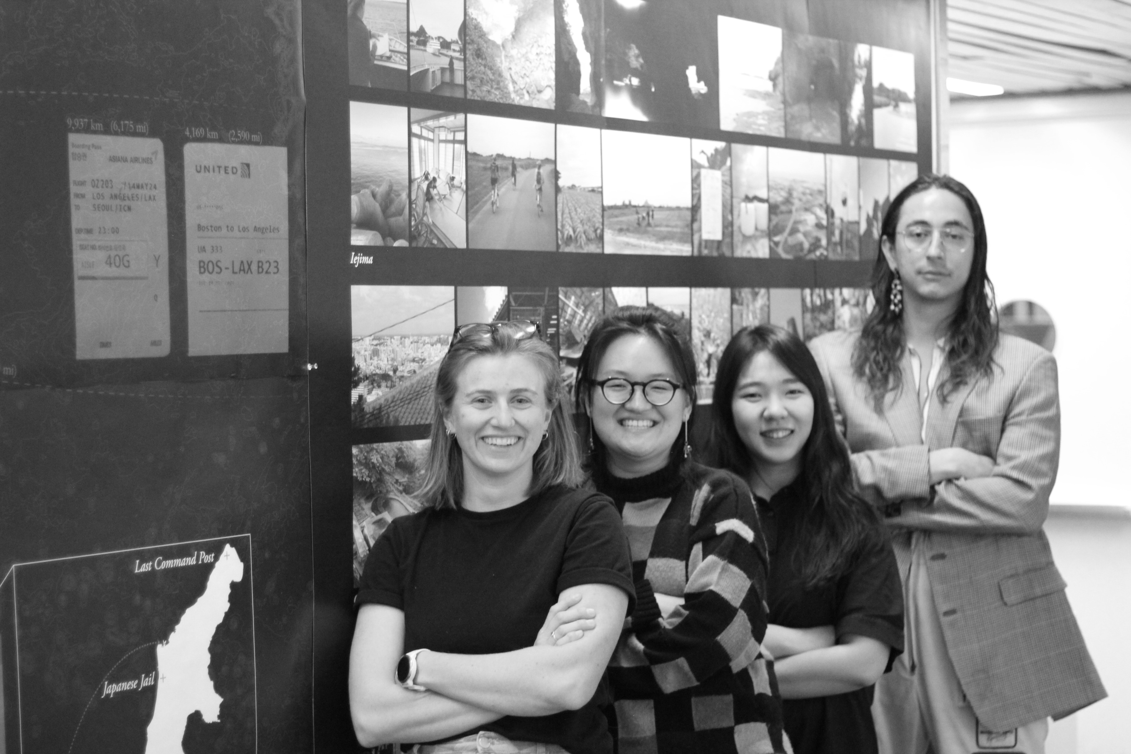 Authors of “Islands After the War” — Hannah Hardenbergh, Emily Kim, Gio Hur, and Carlo Raimondo — pose at the Quotes Gallery of Harvard Graduate School of Design, where their research was first exhibited in March 2025.Photo by James Leppert