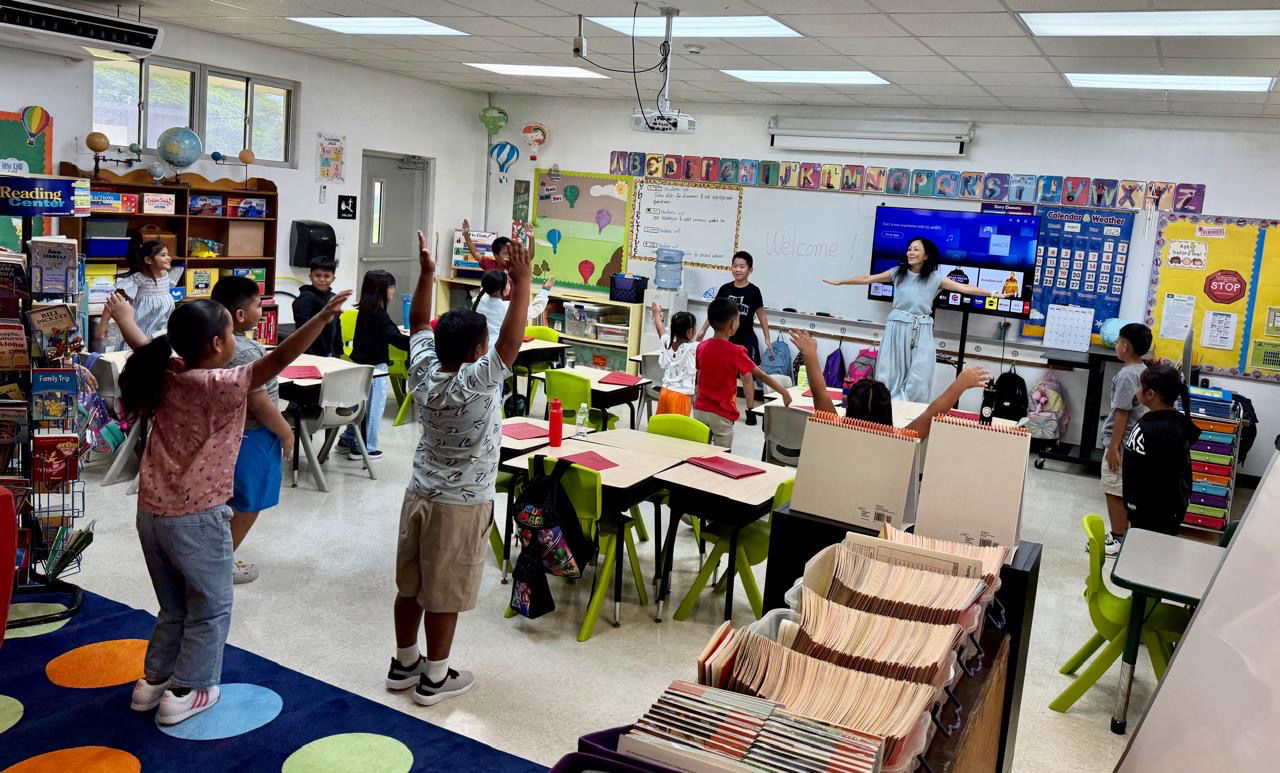 Gregorio T. Camacho Elementary School children began classes Tuesday with a morning energizer and activity, as nearly 9,000 public elementary, middle, and high school students returned to schools across Rota, Tinian, and Saipan.