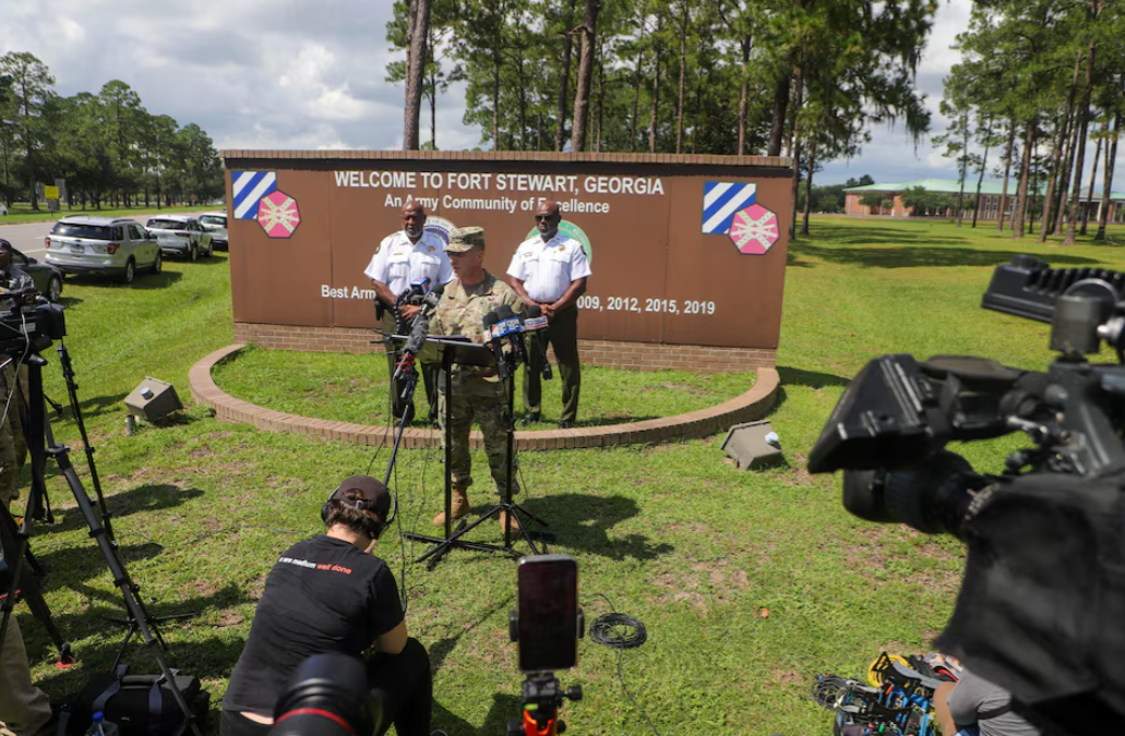 Brig. Gen. John Lubas, commanding general of the 3rd Infantry Division, speaks during a press conference following an active shooter incident on the U.S. Army base at Fort Stewart in Hinesville, Georgia, Aug. 6, 2025.Richard Burkhart/USA Today Network via REUTERS