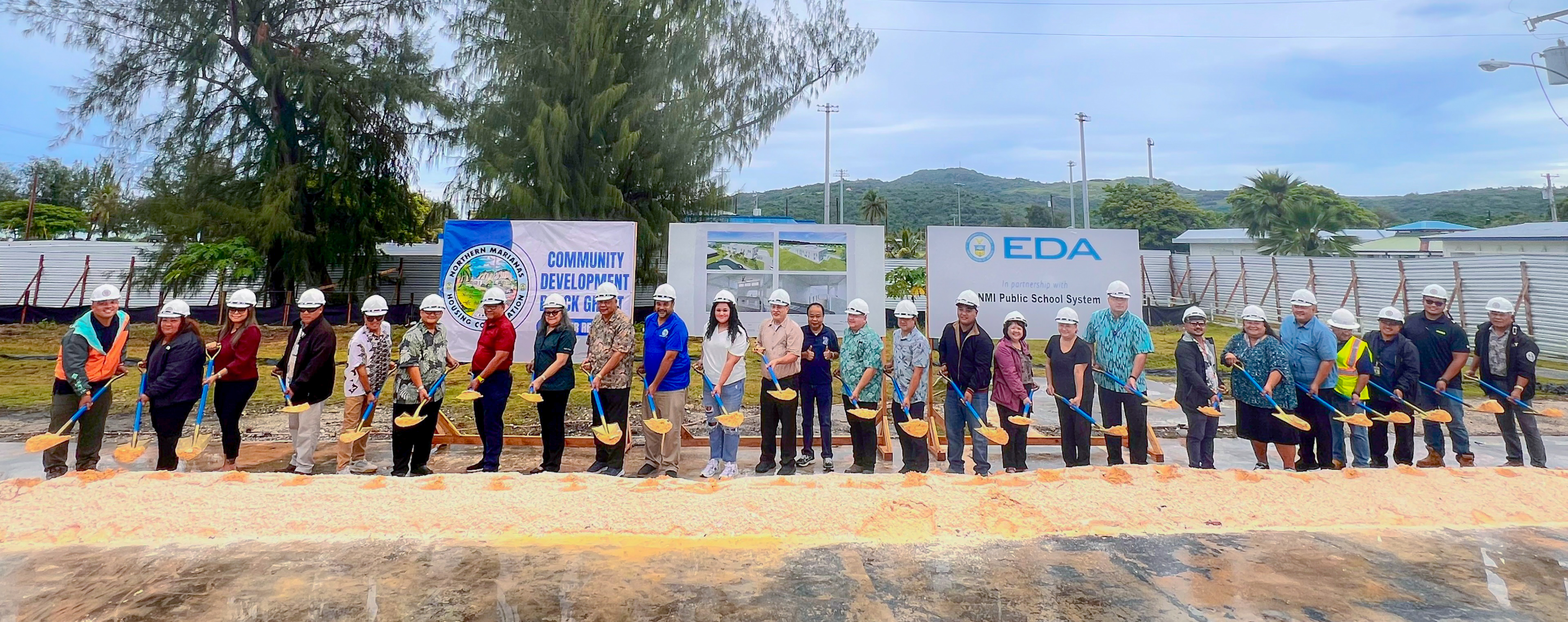 Gov. David M. Apatang joins other CNMI officials, Education Commissioner Dr. Lawrence F. Camacho, Board of Education Chairman Aschumar Kodep Ogumoro-Uludong, BOE member Andrew L. Orsini, Northern Marianas Housing Corporation Chairwoman Merced Marcie Tomokane, and private-sector partners at the groundbreaking Tuesday for the new PSS Career Technical Education Center on the former site of Building T at Marianas High School.MV photo