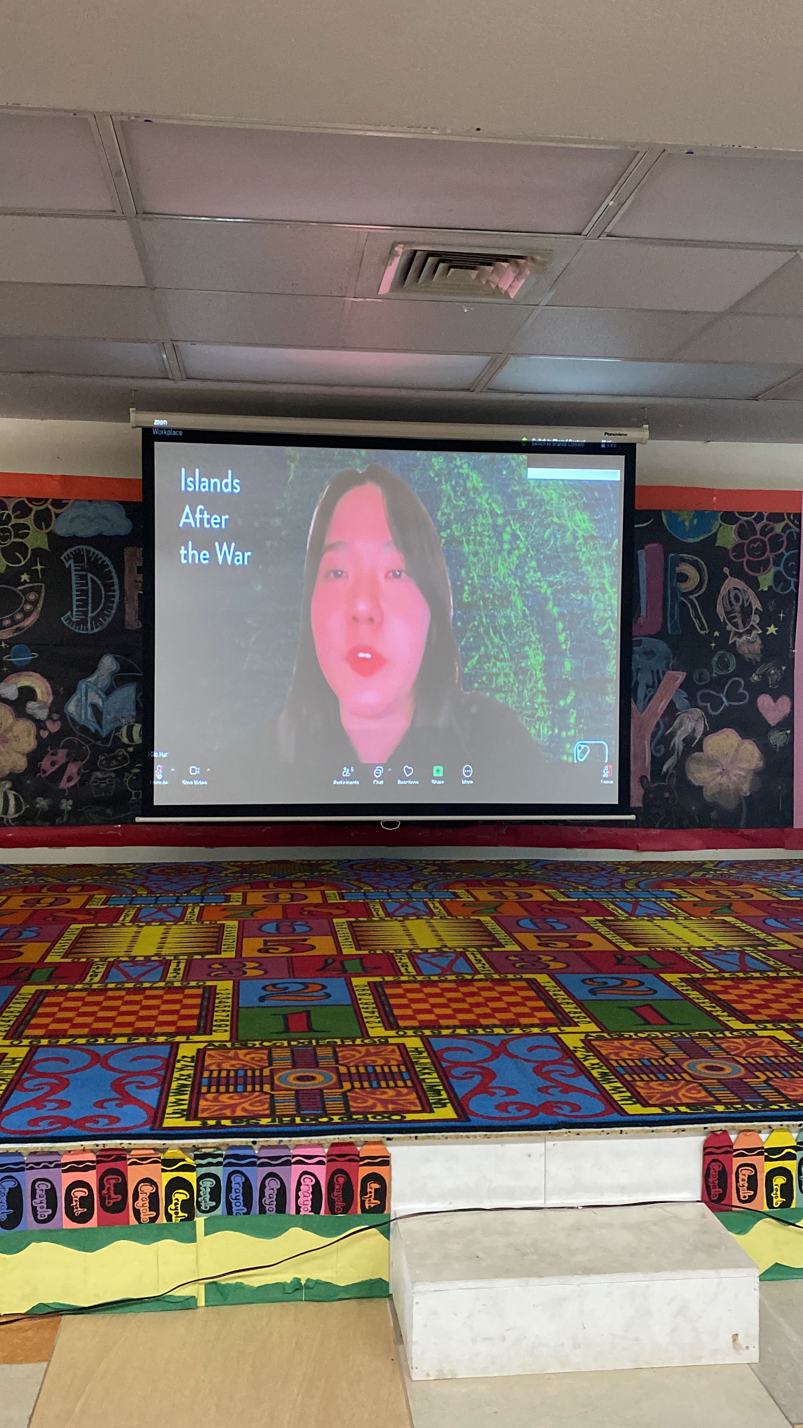 Gio Hur presents virtually at the launch of “Islands After the War” at Joeten-Kiyu Public Library on Saturday, Aug. 16, 2025.