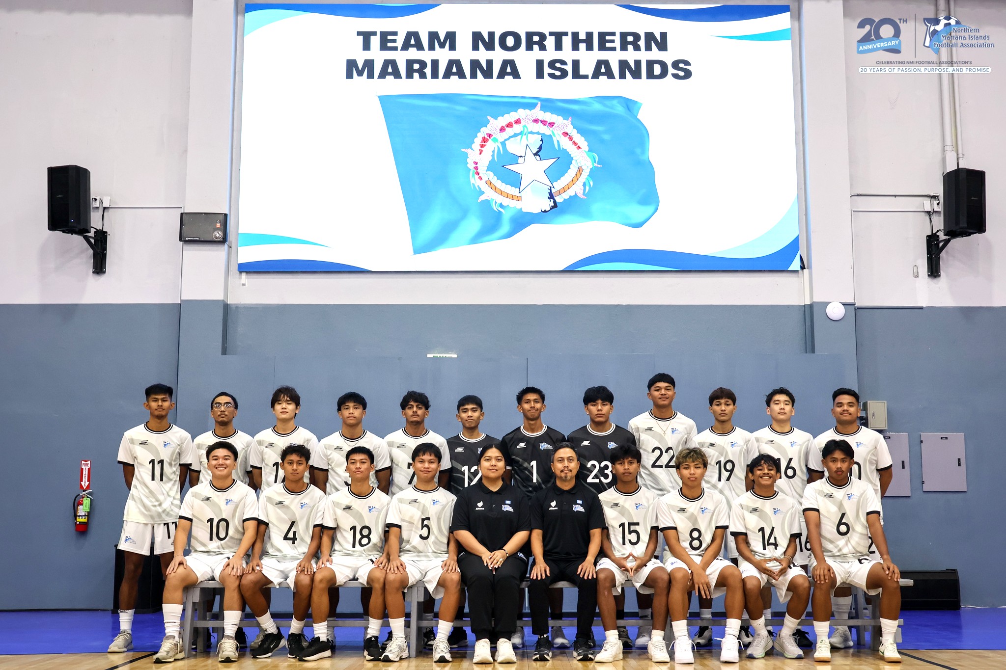 The NMI U23 Men's National team members pose for a group photo during a send-off ceremony at the Ada gym on Tuesday.NMIFA photo