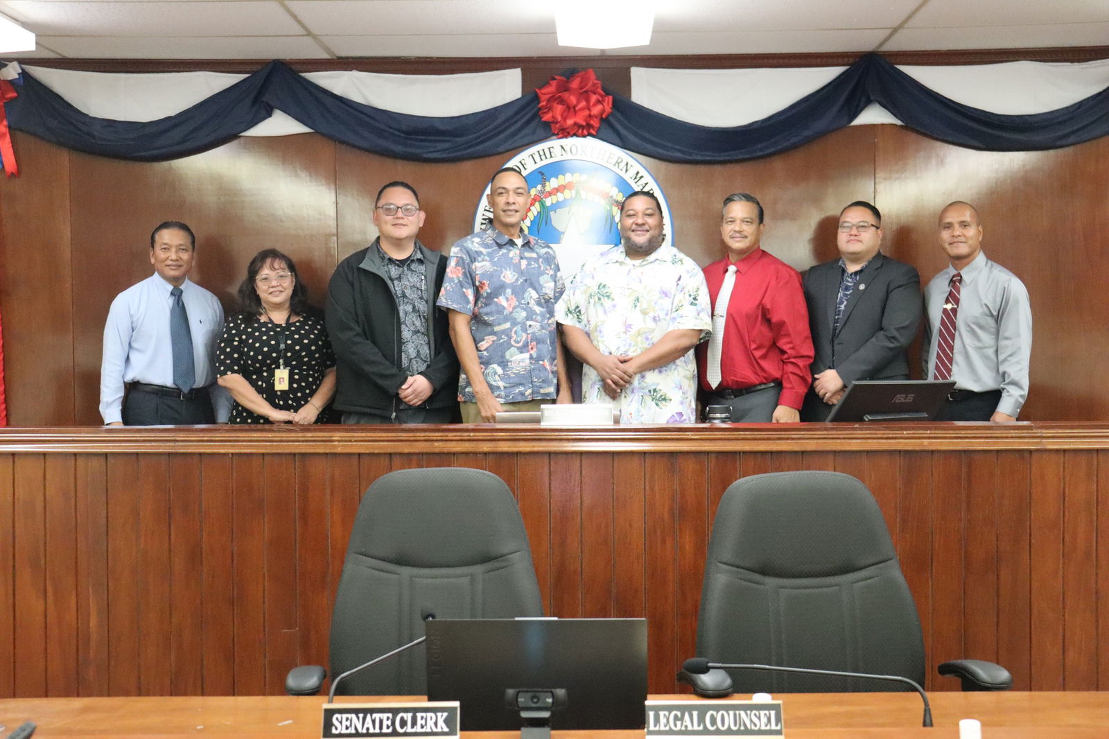Lt. Gov. Dennis James Mendiola joins senators for a photo op after a special session on Thursday. From left, Sen. Frank Q. Cruz, Sen. Celina Babauta, Senate Floor Leader Donald M. Manglona, Mendiola, Senate President Karl King-Nabors, Sen. Jude U. Hofschneider, Sen. Manny Castro and Sen. Ronnie Calvo. Not in the photo is newly elected Senate Vice President Corina Magofna.Legislative Bureau photo