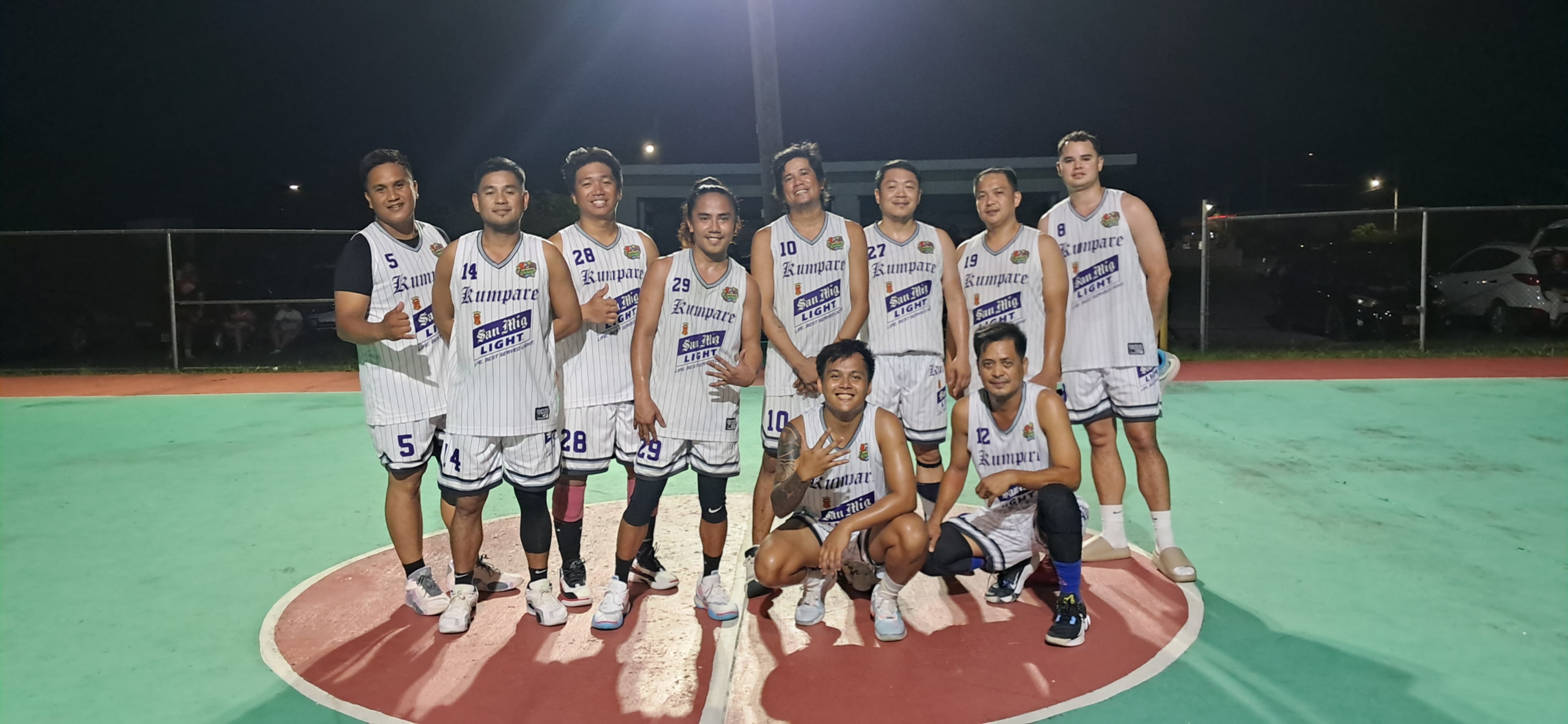 The Kumpares pose for a photo after earning their fifth consecutive win to remain undefeated in Bracket B of the E-Sports CNMI Invitational Basketball League 2025 at the Koblerville basketball court on Wednesday night.Contributed photo