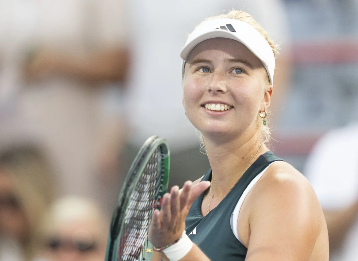 Clara Tauson of Denmark celebrates her win over Madison Keys of the U.S. in their quarterfinal match at the National Bank Open tennis tournament in Montreal, Tuesday, Aug. 5, 2025.AP