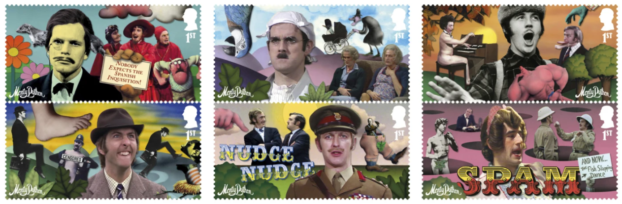 This photo provided by the Royal Mail on Wednesday, Aug. 6, 2025 shows Monty Python stamps issued to celebrate the 50th anniversary of their Holy Grail film.