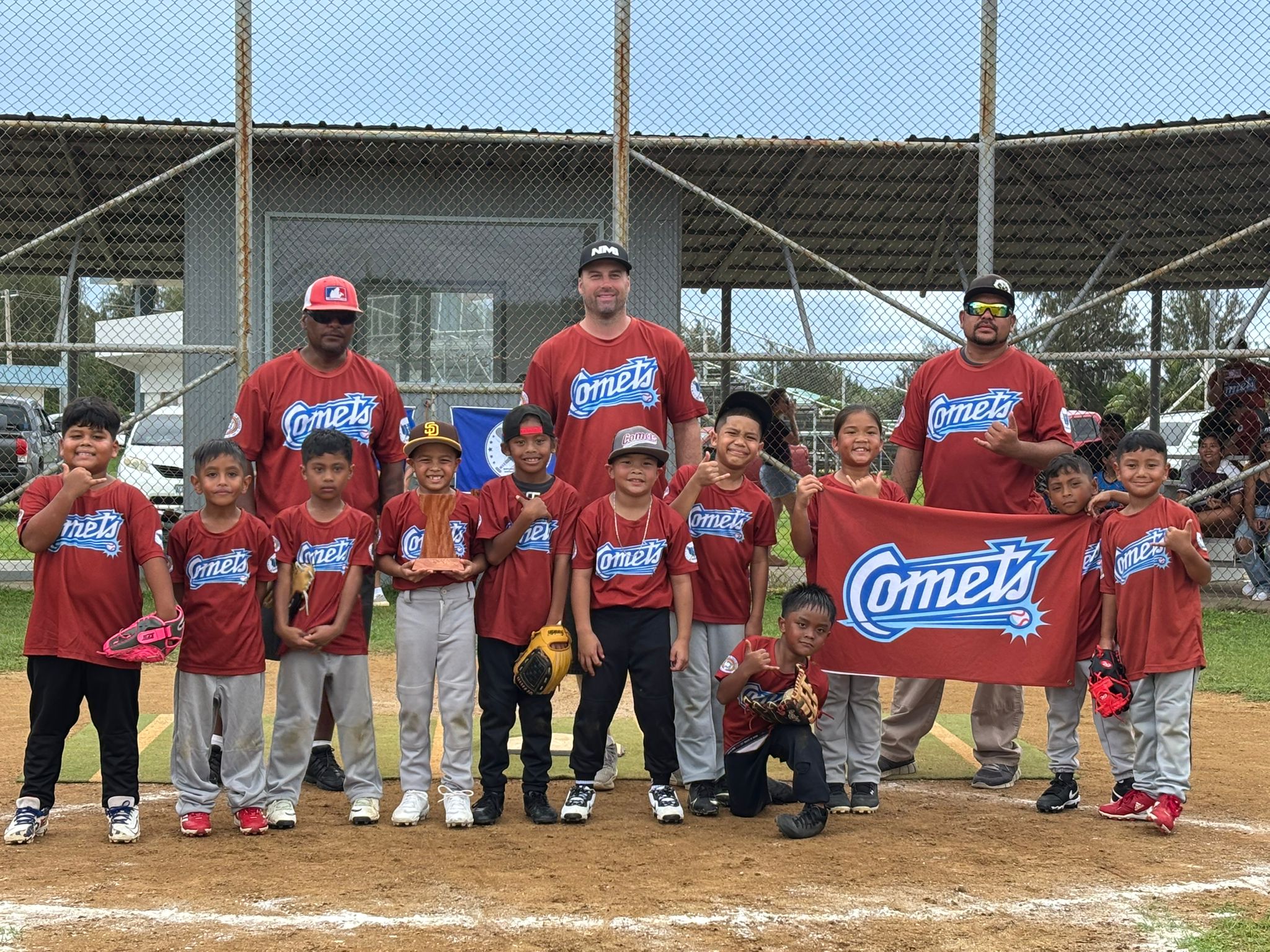 The Comets pose for a group photo after finishing third overall during the awards ceremony of the NMISA's 2nd Annual Summer T-Ball League 2025 at the Miguel "Tan Ge" Pangelinan Ball Field on Saturday.