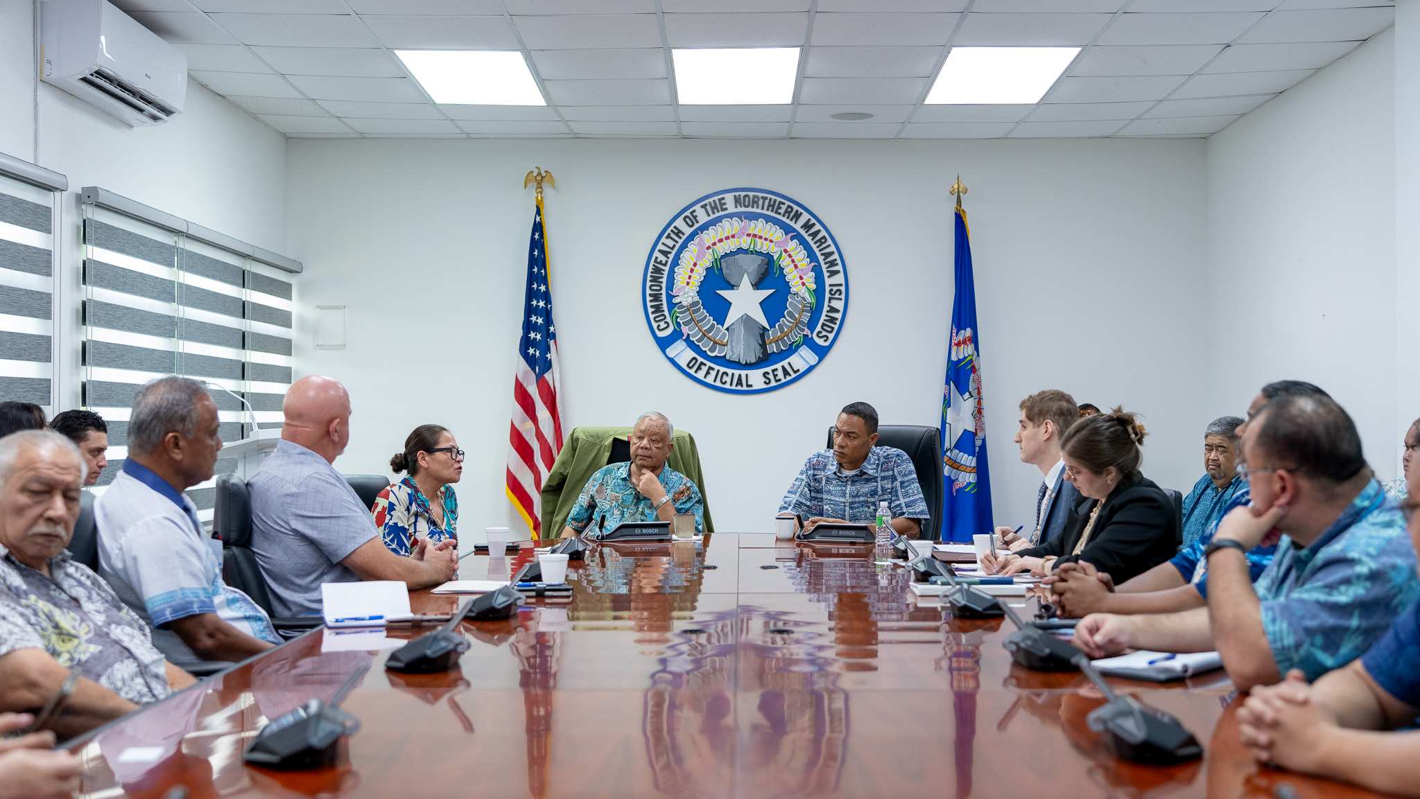 U.S. Congresswoman Kimberlyn King-Hinds speaks as Gov. David M. Apatang, Lt. Gov. Dennis James Mendiola, U.S. Department of Transportation Deputy Assistant Secretary Jared Smith, and other CNMI officials listen during a meeting on Monday in the governor's conference room.Office of the Governor photo