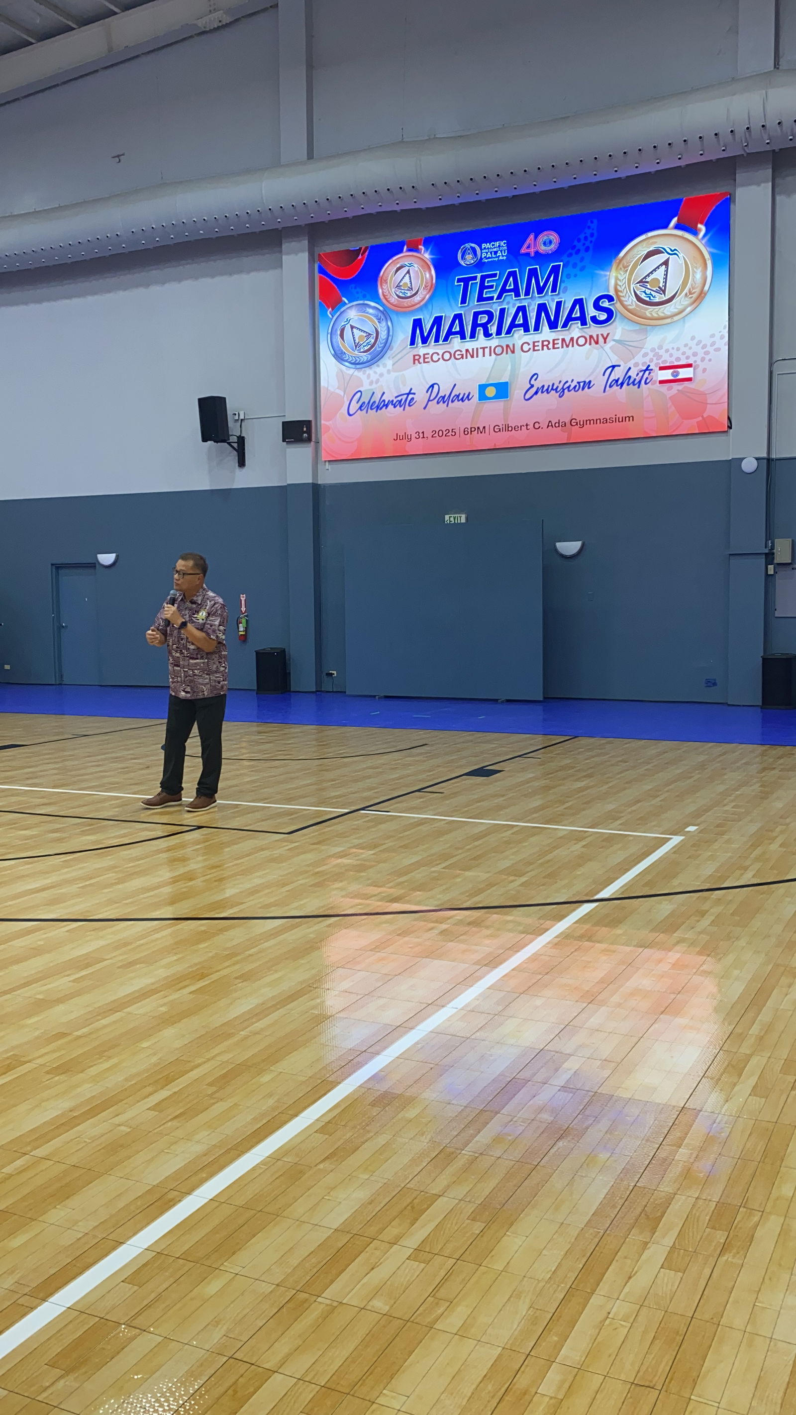 Jerry Tan, Northern Marianas Sports Association president, delivers an address to CNMI athletes and sports officials at the Ada gym on Thursday, July 31, 2025.